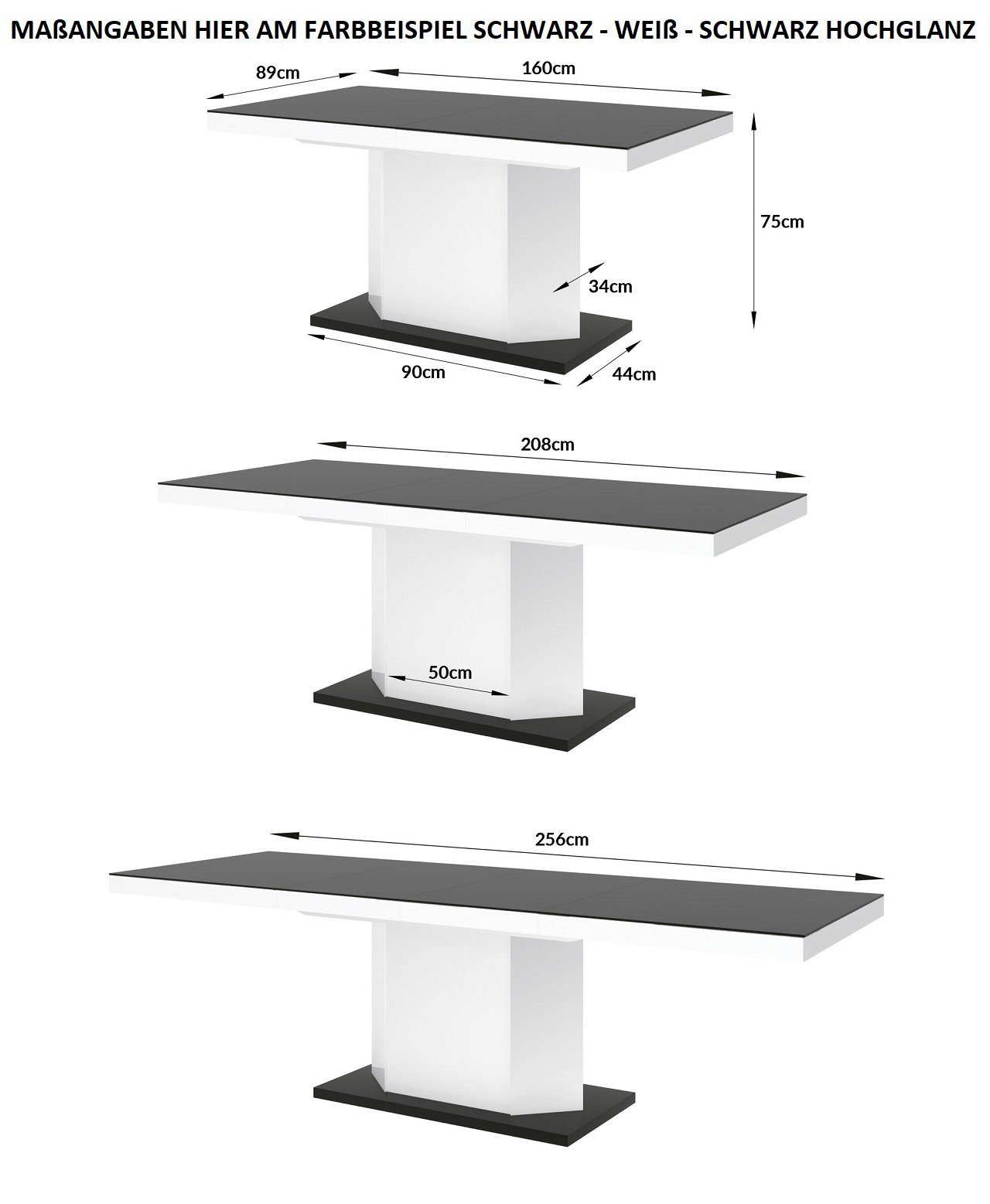 Hochglanz ausziehbar HE-333 Esstisch 160-256 Esstisch cm Stauraum designimpex Design Hochglanz Tisch Weiß
