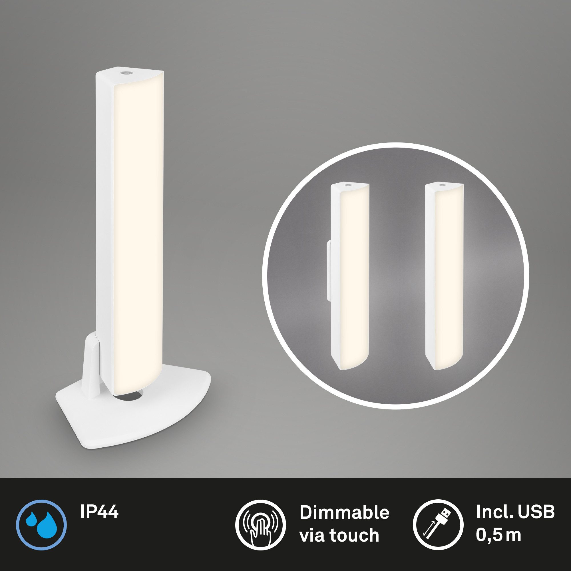 Briloner Leuchten Tischleuchte Wandlampe Tischlampe 3 Stufen Dimmfunktion kabellos Wandhalterung, LED fest integriert, inkl. Ladestatusanzeige,inkl. USB-Kabel,IP44,Innen/Außenbereich,weiß