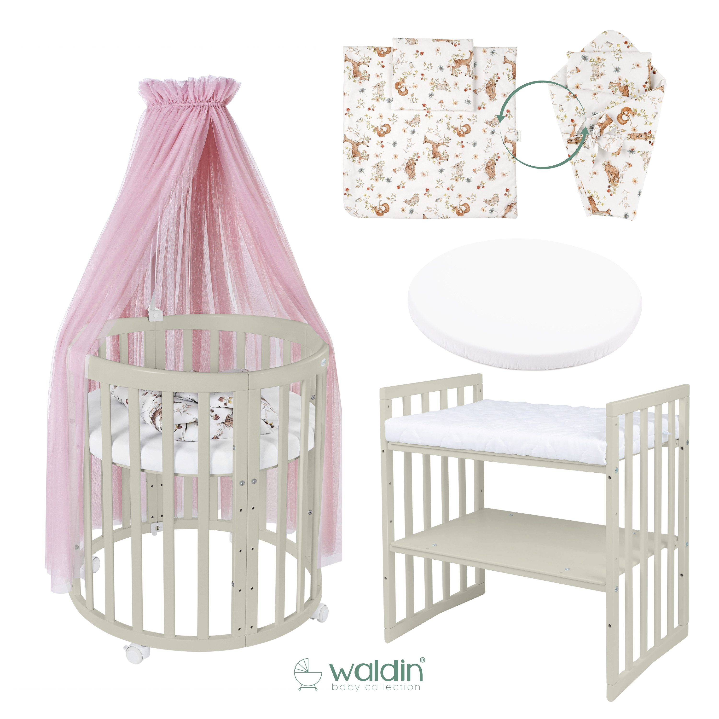 Waldin Babybett Mobiles Babybett OWAL aus Holz 7in1 mit Matratze, mitwachsend