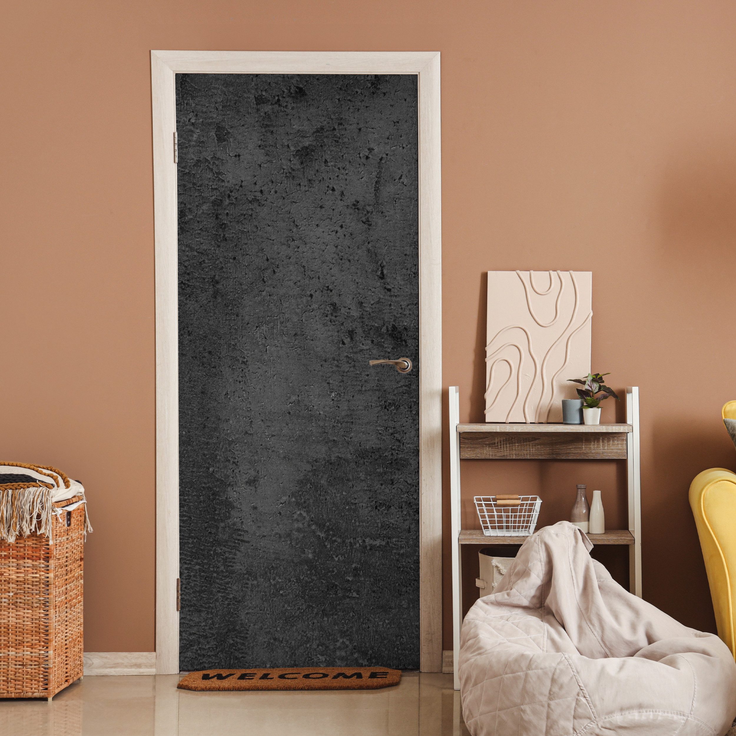 MuchoWow Türtapete Beton - Robust - Vintage - Rustikal - Grau - Schwarz, Matt, bedruckt, (1 St), Selbstklebende Tapete, Folie für Möbel, 70x215 cm