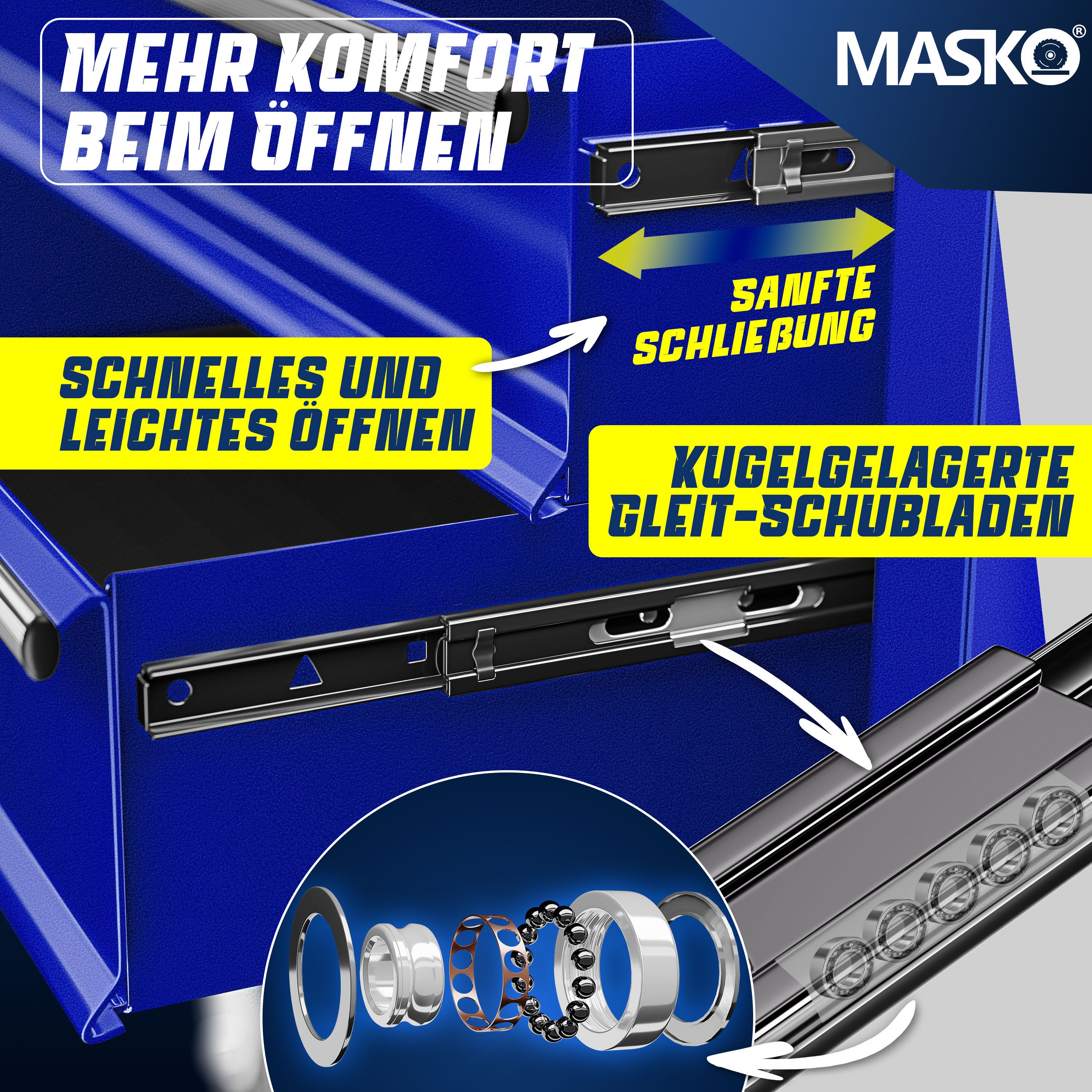 MASKO Werkstattwagen Profi Werkzeugwagen mit 5 Schubladen, abschließbar, massives Metall, 5 Fächer Blau, Rollwagen zur Werkzeugaufbewahrung mit Schloss & 2 Schlüssel