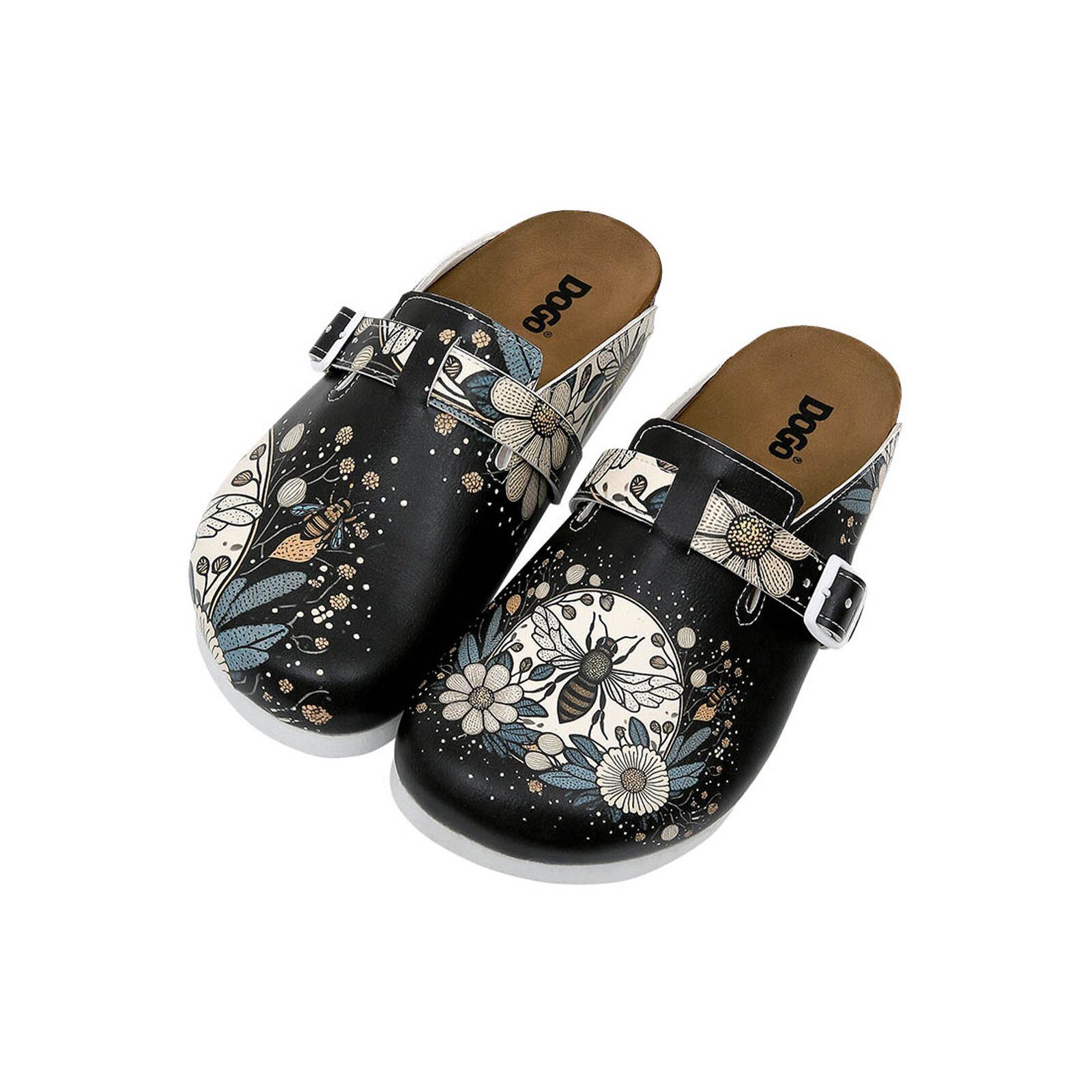 DOGO Comfie Pantoletten Hausschuhe Bee With Flowers Damen Sandalen Hausschuh Handgefertigt