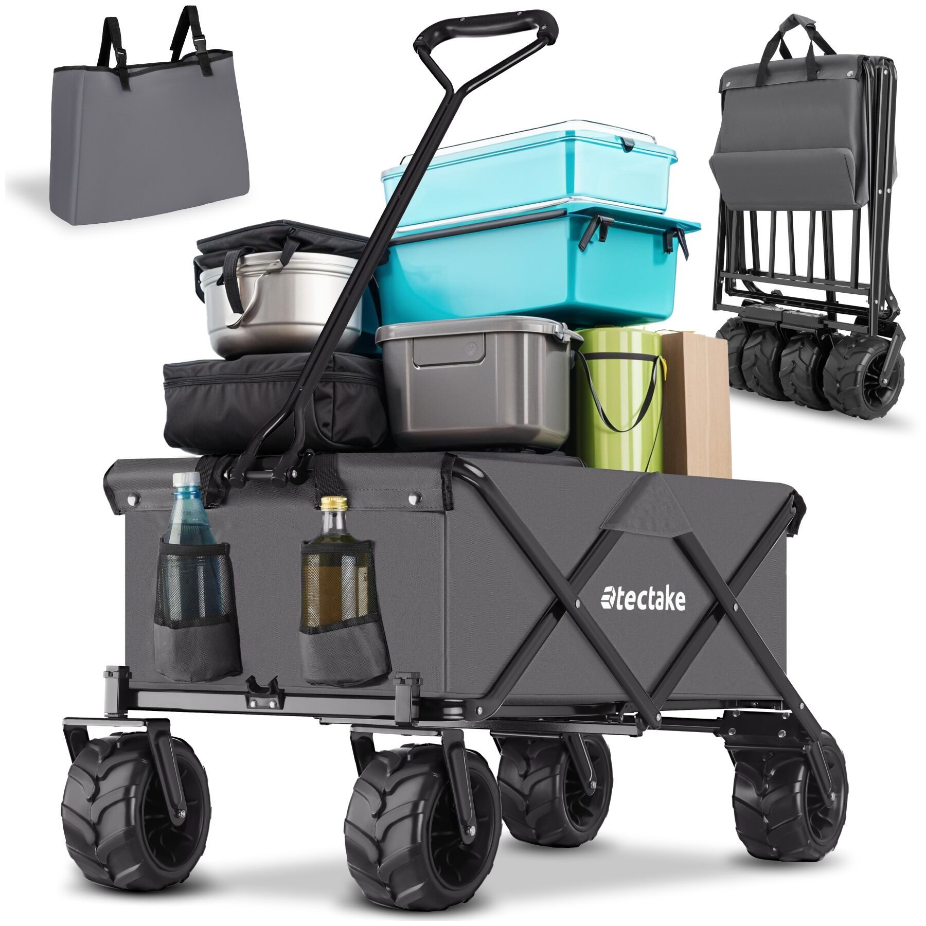 tectake Bollerwagen Faltbarer Handwagen mit breiten Reifen Belastbarkeit 80kg (1 Transportwagen, 1-tlg., 95L Volumen in Grau), abnehmbarer Stoffeinsatz mit 2 Netztaschen, gepolsterter Griff