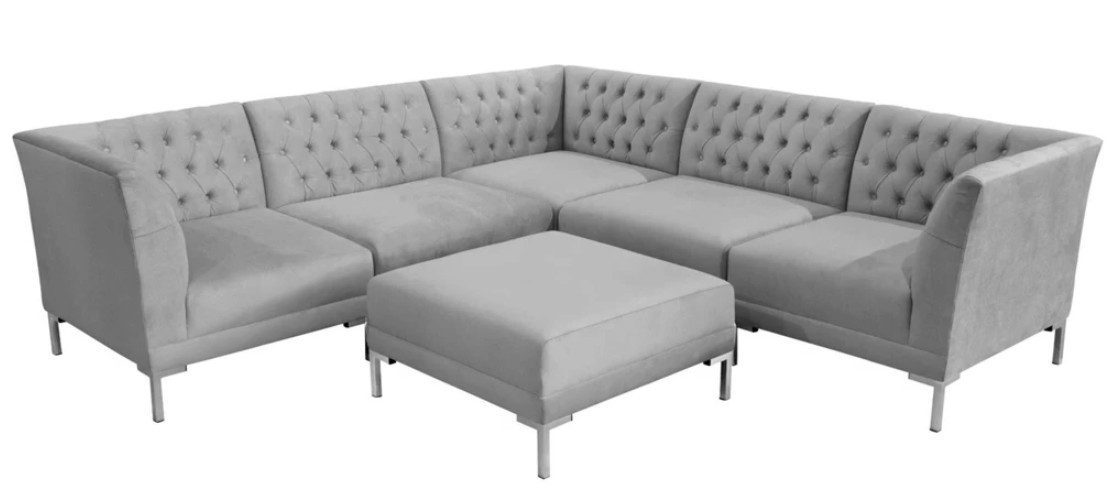 Chesterfield-Sofa Grau Luxus Ecksofa mit Hocker aus Textilstoff