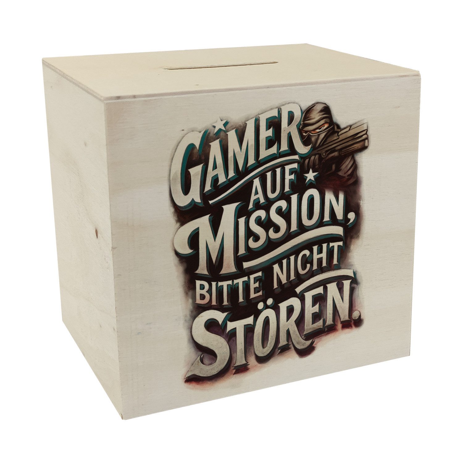 speecheese Spardose Gamer auf Mission Spardose aus Holz Bitte nicht stören