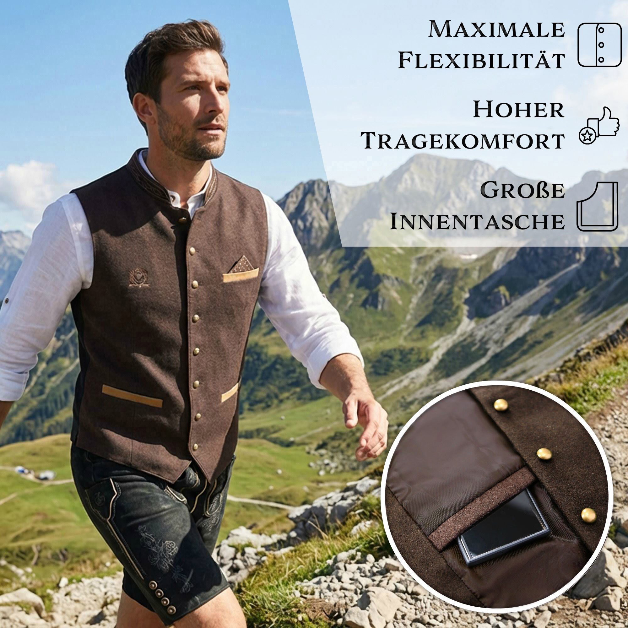 Steigenhöfer Manufaktur Trachtenweste Herren aus Baumwolle - Verstellbarer Rückenriegel - Tiefe Taschen Traditionelle Kugelknöpfe - Einstecktuch - Für ihr Oktob – Bild 4 von 5