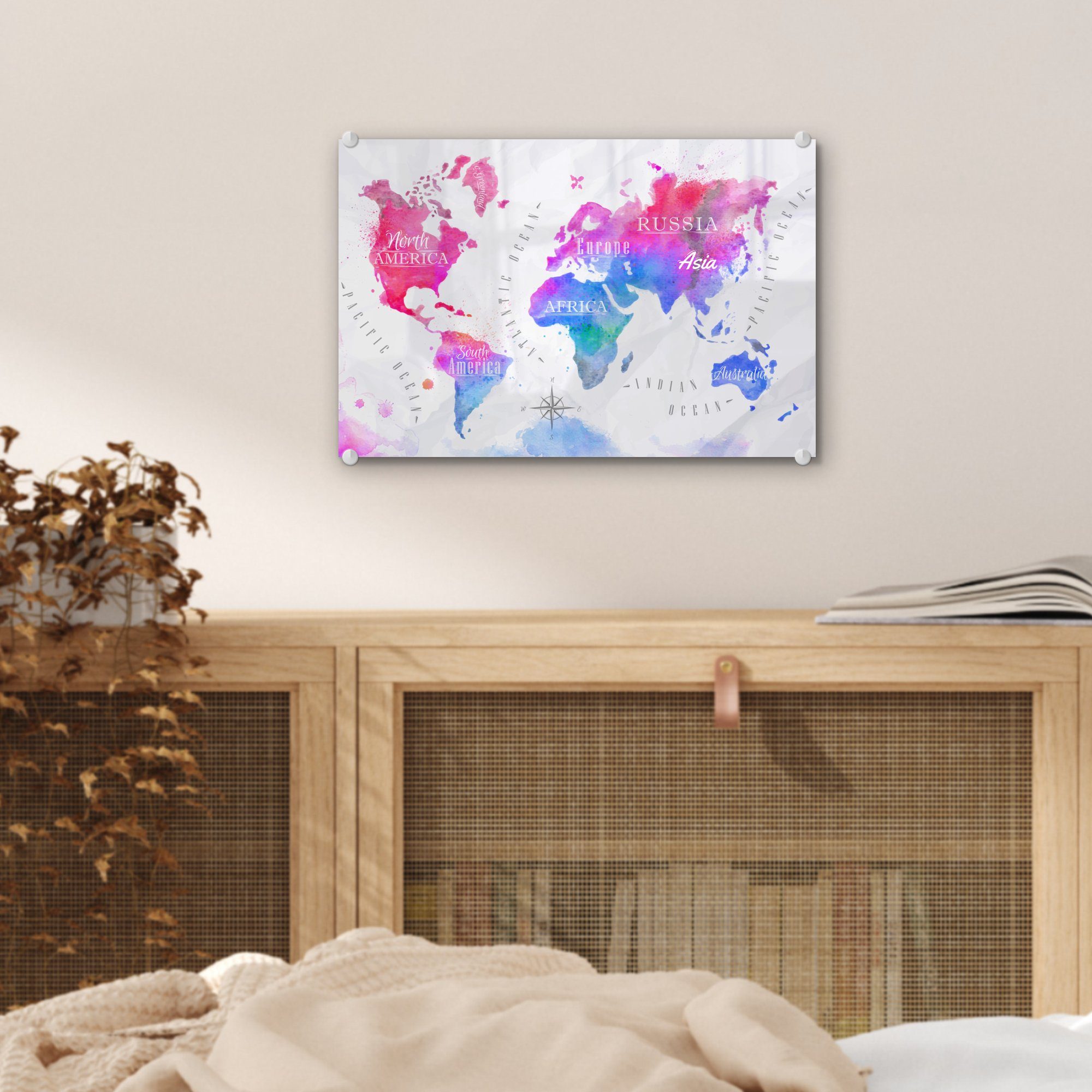 Wandbild - Weltkarte auf MuchoWow auf Ölfarben, Glasbilder - - Acrylglasbild Wanddekoration (1 Bilder Farben - Glas Foto St), Glas -