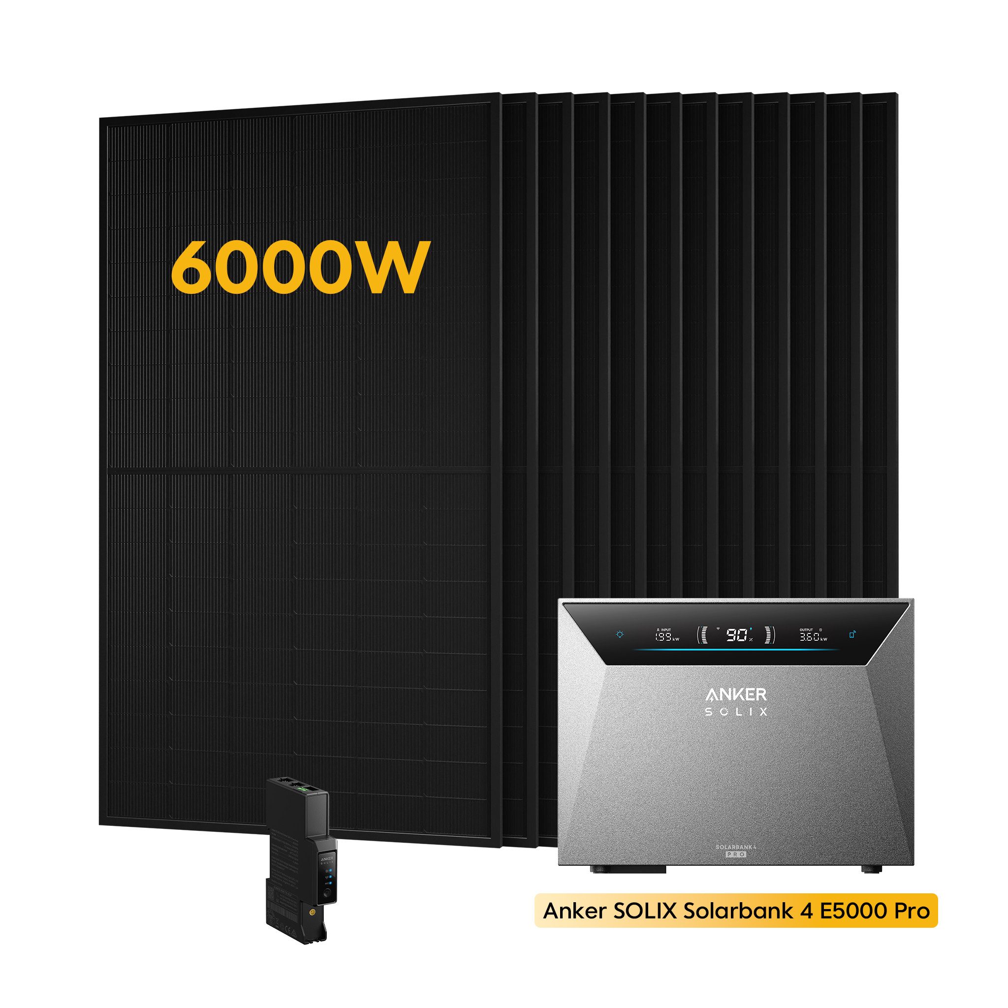 Anker Balkonkraftwerk 6000W Anker SOLIX Solarbank 4 E5000 Pro All-in-One Stromspeicher, (Optional: 0-5 × Anker BP5000 Erweiterungsakku, inkl. Anker Smart Meter Gen 2 und 12 x Sunpro 500W Solarmodule), PV Speicher mit Notstromfunktion