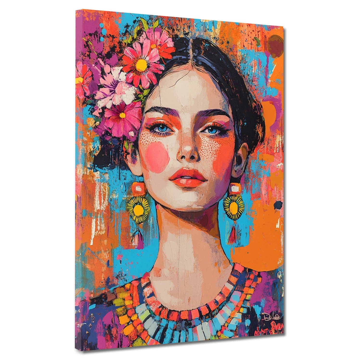 Artedinoi Leinwandbild Pop Art Frau Frida jung mit Blumen modern Leinwandbild Wandbild XL Wan, Junge Frida Kahlo mit Blumen