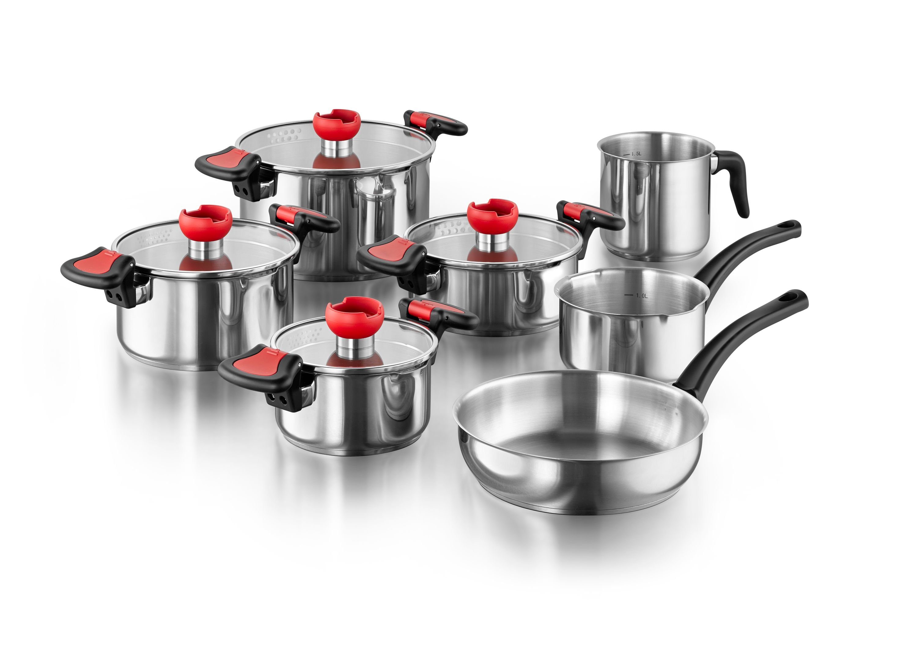 Kopf Topf-Set Kochtopfset Nelo 11-teilig, Edelstahl (11-tlg), inkl. 4 Glasdeckel, mit praktischer Ausgießhilfe, Induktion