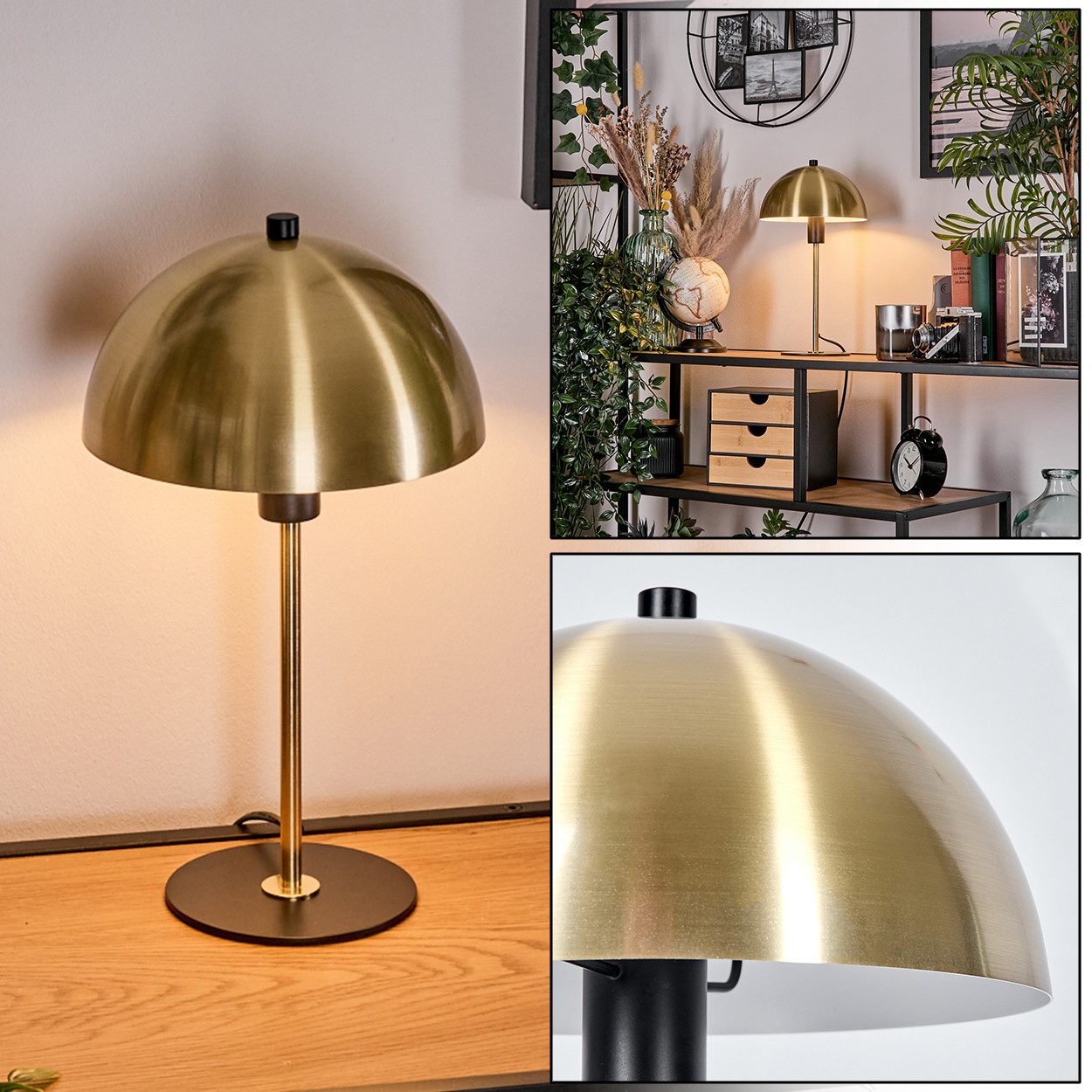 hofstein Tischleuchte moderne Nachttischlampe aus Metall in Messing/Schwarz, ohne Leuchtmittel, RetroTischlampe, Ø20cm, 36cm, Schalter, 1 x E14, ohne Leuchtmittel.