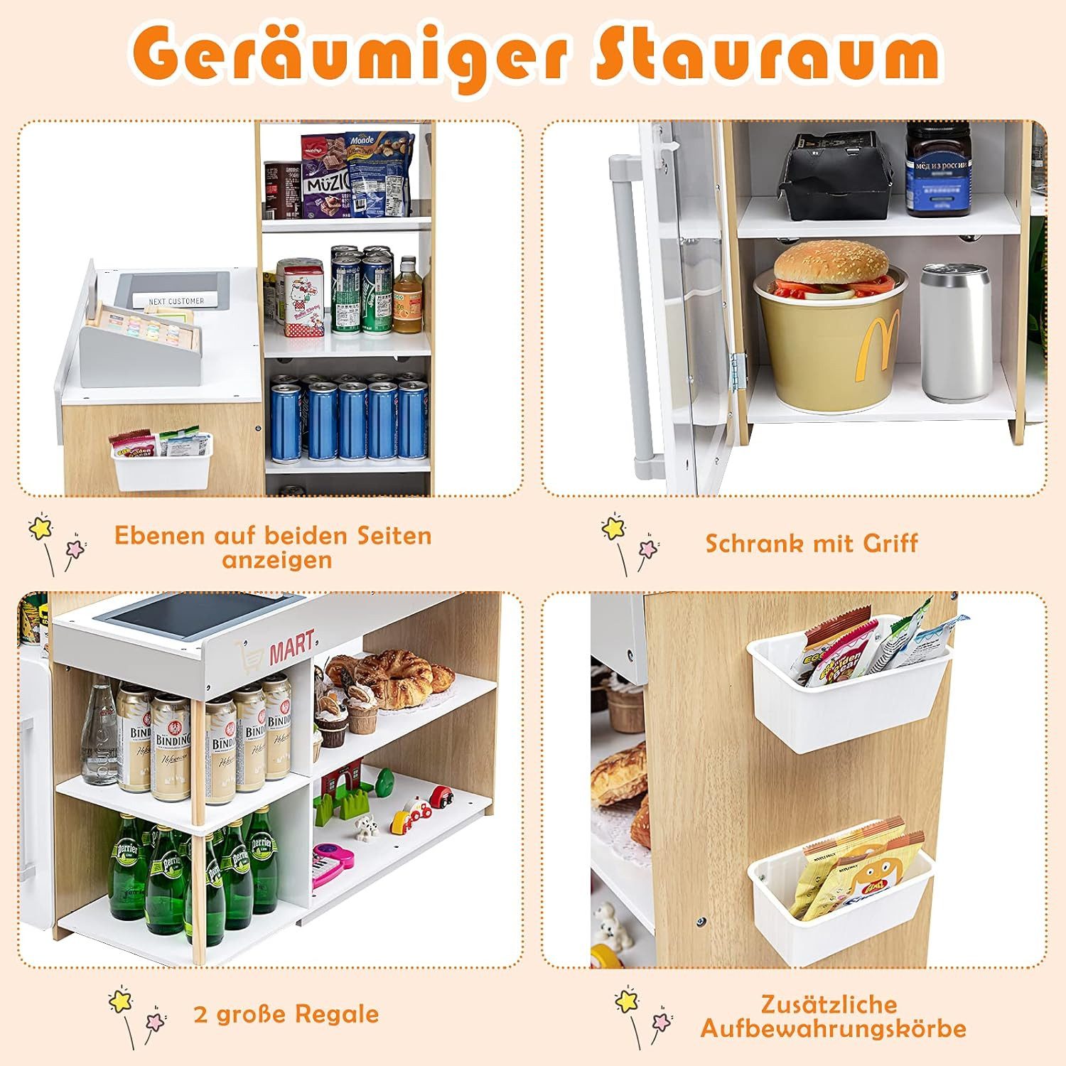 KOMFOTTEU Kaufladen mit Einkaufswagen, Supermarkt aus Holz