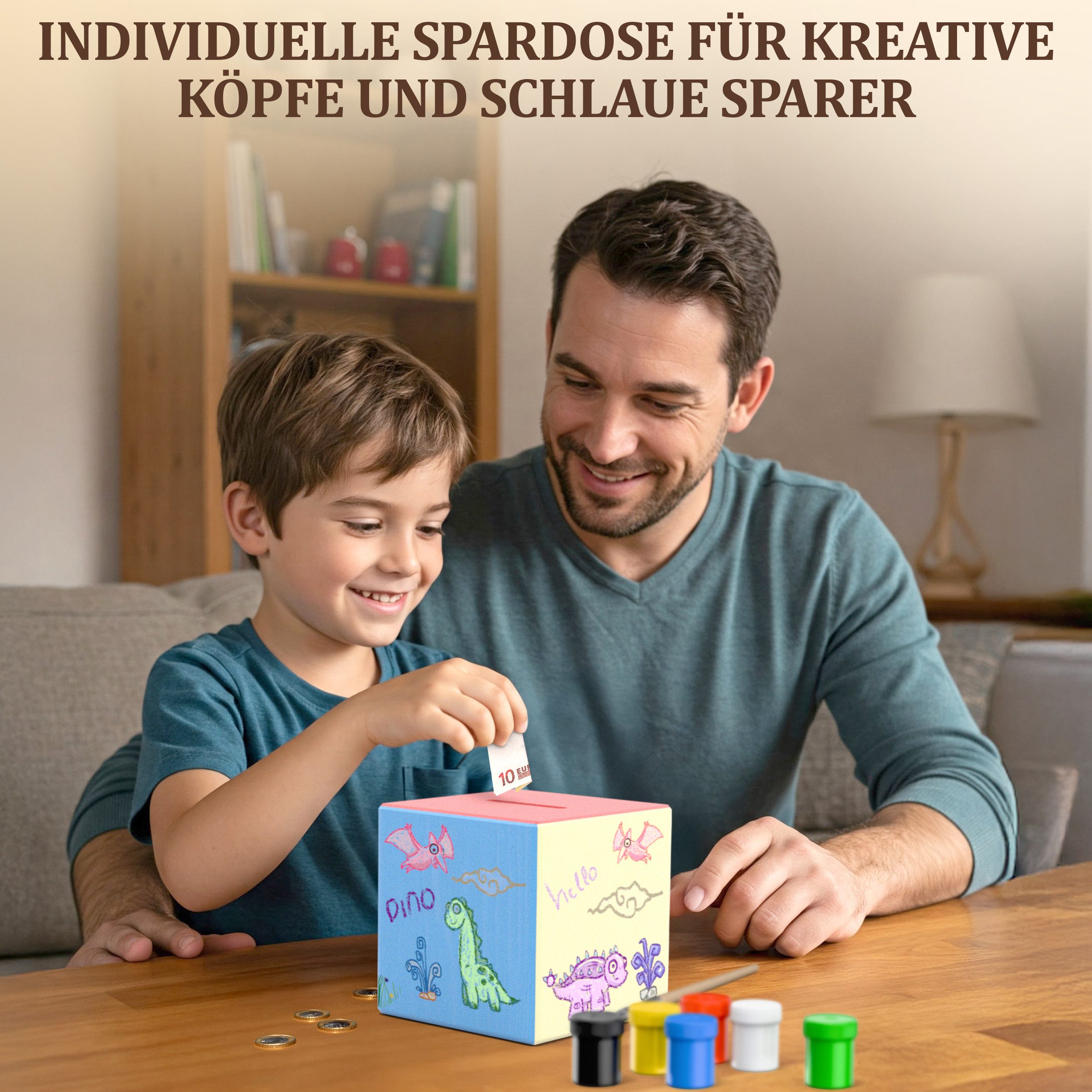 Eli Spardose Kinder aus Holz zum bemalen inkl. 6 Farben und Pinsel - Sparschwein -, (Holzspardose zum Sparen, 8-tlg., Kierfernholz), Geschenkidee für Kinder und Erwachsene
