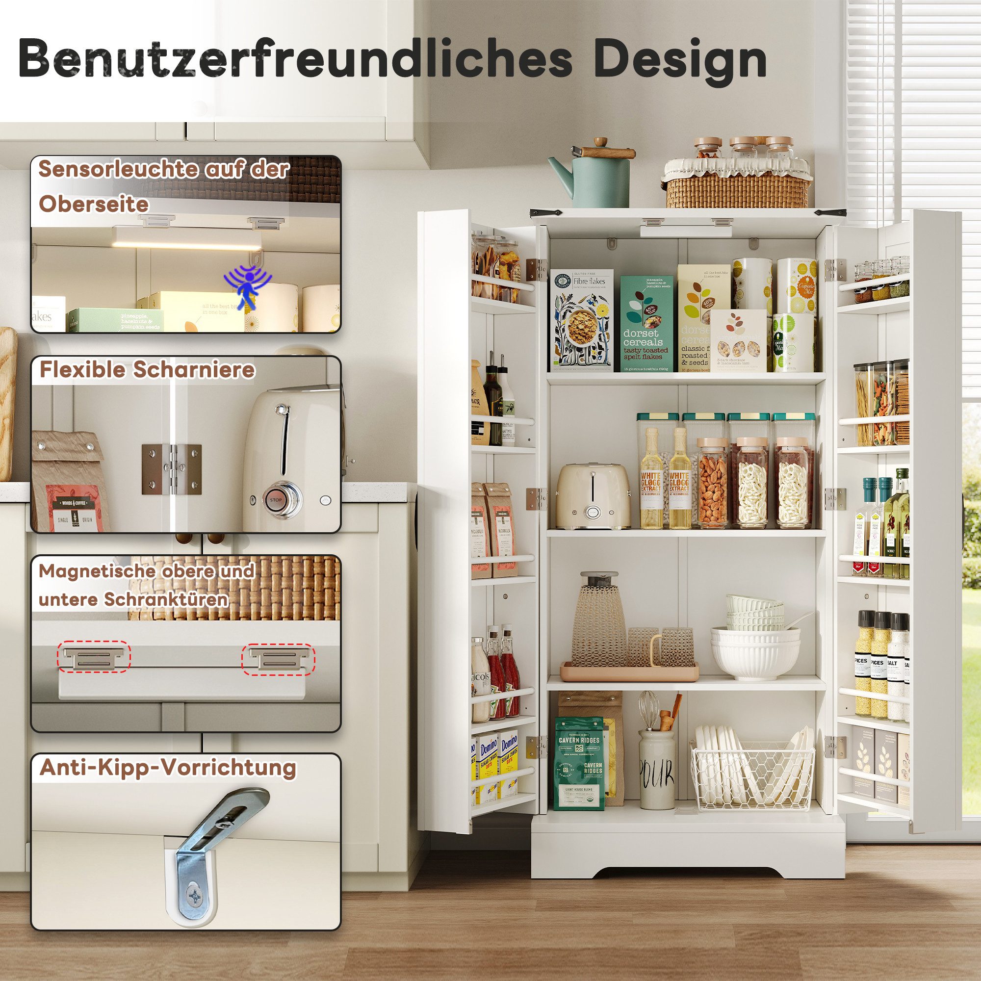 BlingBin Eckschrank Bauernhaus Aufbewahrungsschrank LED-Speiseschrank (1er Set, 1-St., 60 x 35 x 128,5 cm) freistehender Bodenschrank für Küche, Wohnzimmer, Esszimmer