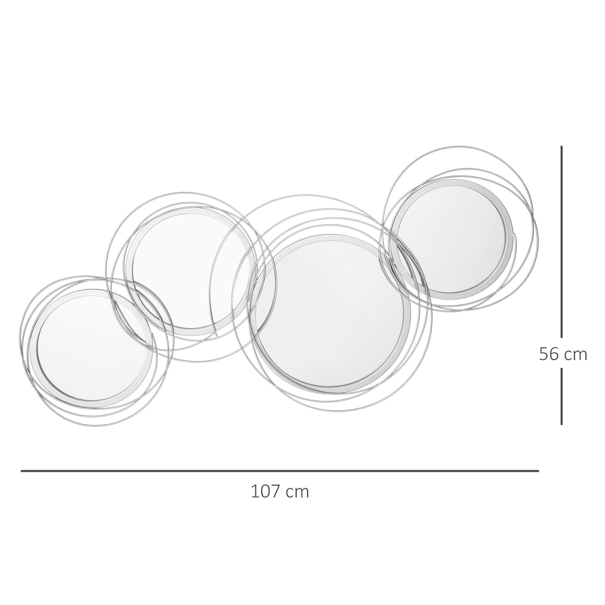 HOMCOM Wandbild Wandspiegel mit 4 runden Spiegeln, Wohnzimmerdeko, Flurspiegel, modern (Wanddeko, 1 St), Metall, Silber, 107 x 4 x 56 cm