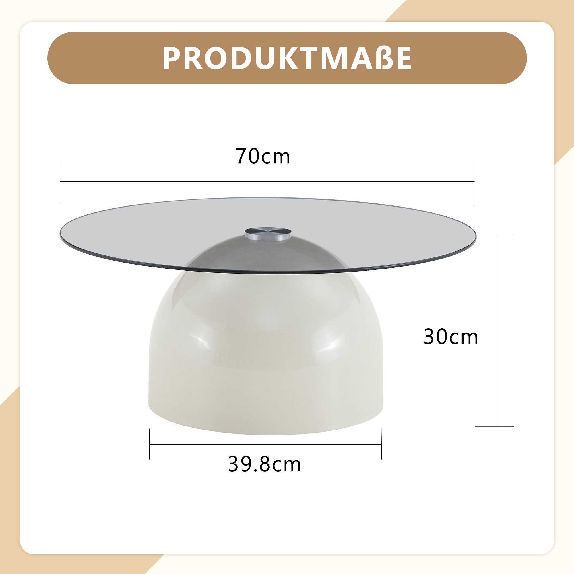gopop Couchtisch mit Glas,Ø ca. 70 cm,Walnussholzoptik/Cremefarben,im Retro-Stil (1-St)