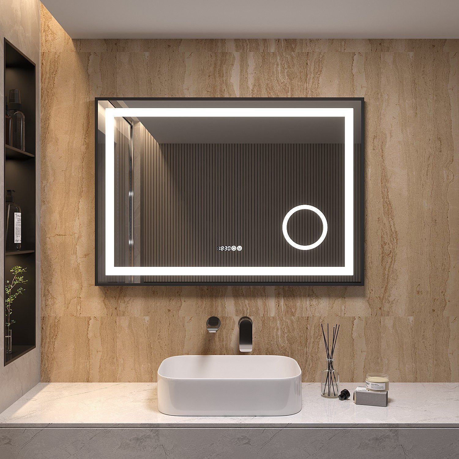 AQUALAVOS LED-Lichtspiegel Badspiegel mit Beleuchtung 100-120 cm Kaltweiß Dimmbar 3X Vergrößerung, Aluminiumrahmen Schwarz mat, Schminkspiegel 3-Fach Vergrößerung, IP44