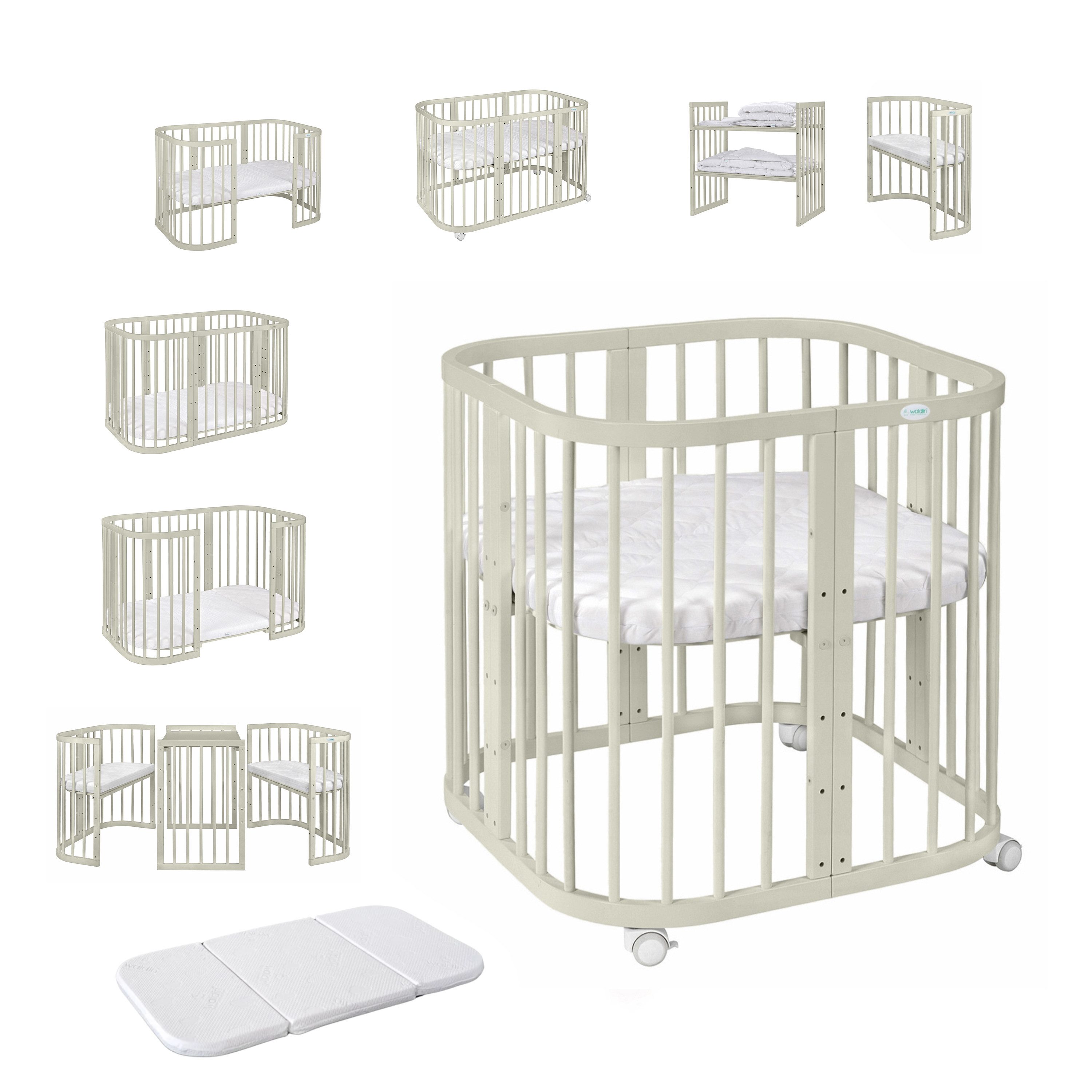 Waldin Babybett Mobiles Babybett aus Holz 7in1 mit Matratze, mitwachsend