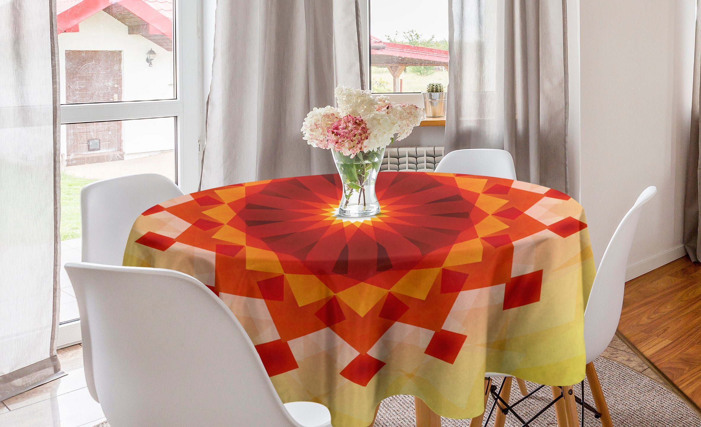 Abakuhaus Tischdecke Kreis Tischdecke Abdeckung für Esszimmer Küche Dekoration, Mandala Fluoreszierende Rays Squares