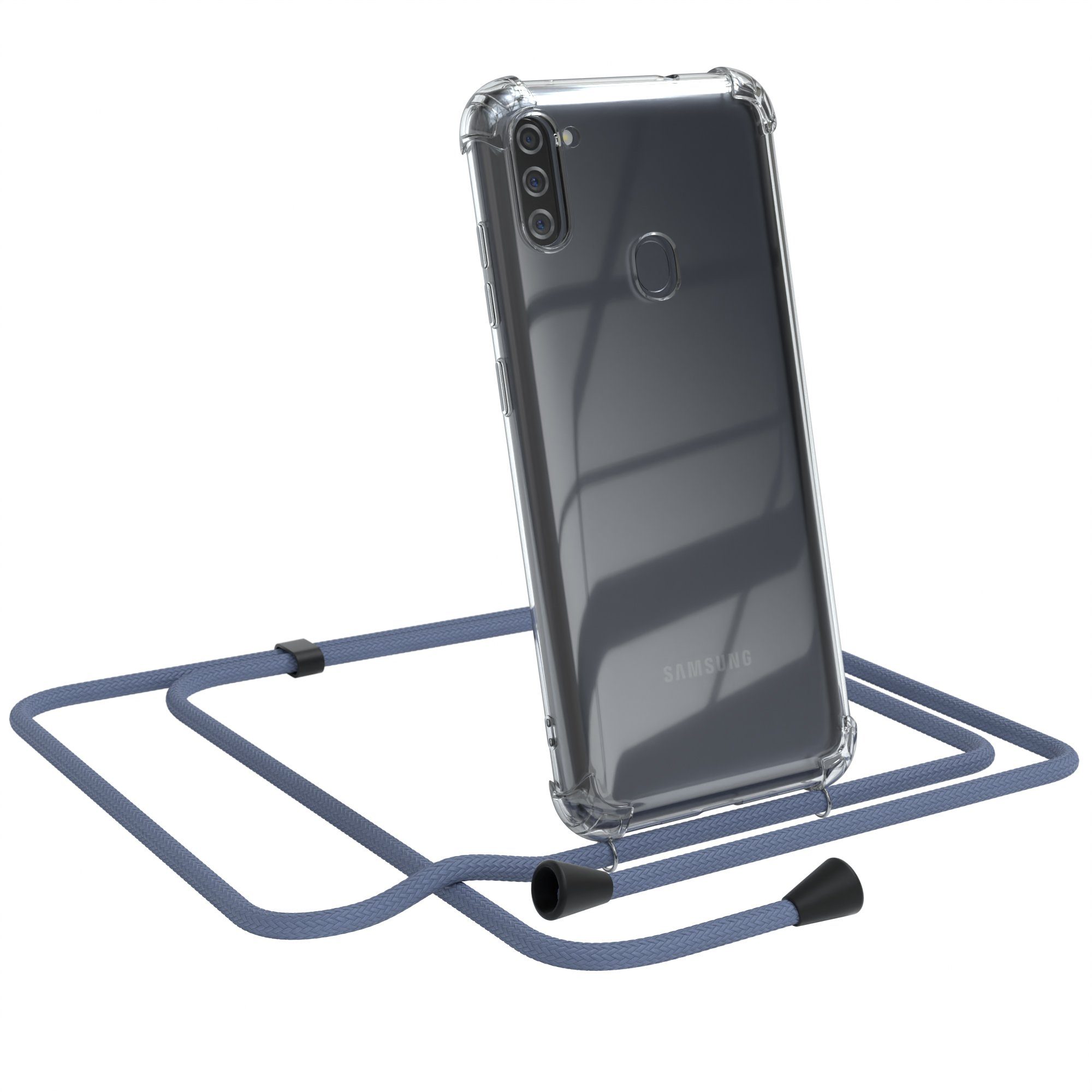 EAZY CASE Handykette Clips Schwarz für Samsung Galaxy M11 6,4 Zoll, Silikonhülle Transparent Handyhülle mit Kordel Kette zum Umhängen Blau