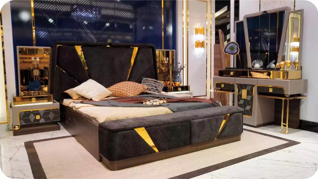JVmoebel Schlafzimmer-Set Luxus Komplette Schlafzimmermöbel Blau Bett Stoff Doppelbett Set, (4-St., Bett/2x Nachttische/Schminktisch), Made in Europa