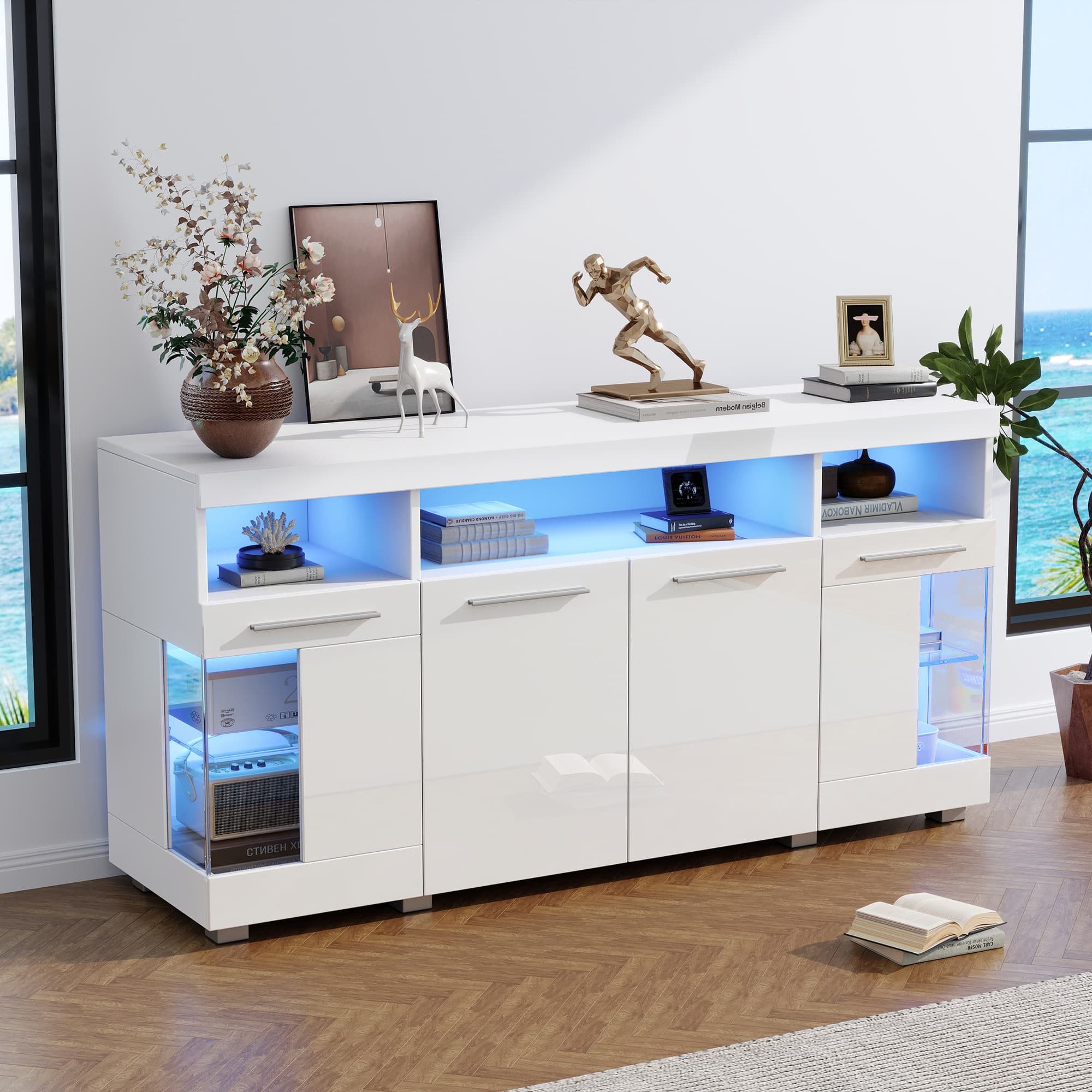 autolock Sideboard Breites Sideboard 140×40×70 cm (mit LED-Beleuchtung und 3 Fächern aus gehärtetem Glas), Kommode für Wohnzimmer und Schlafzimmer