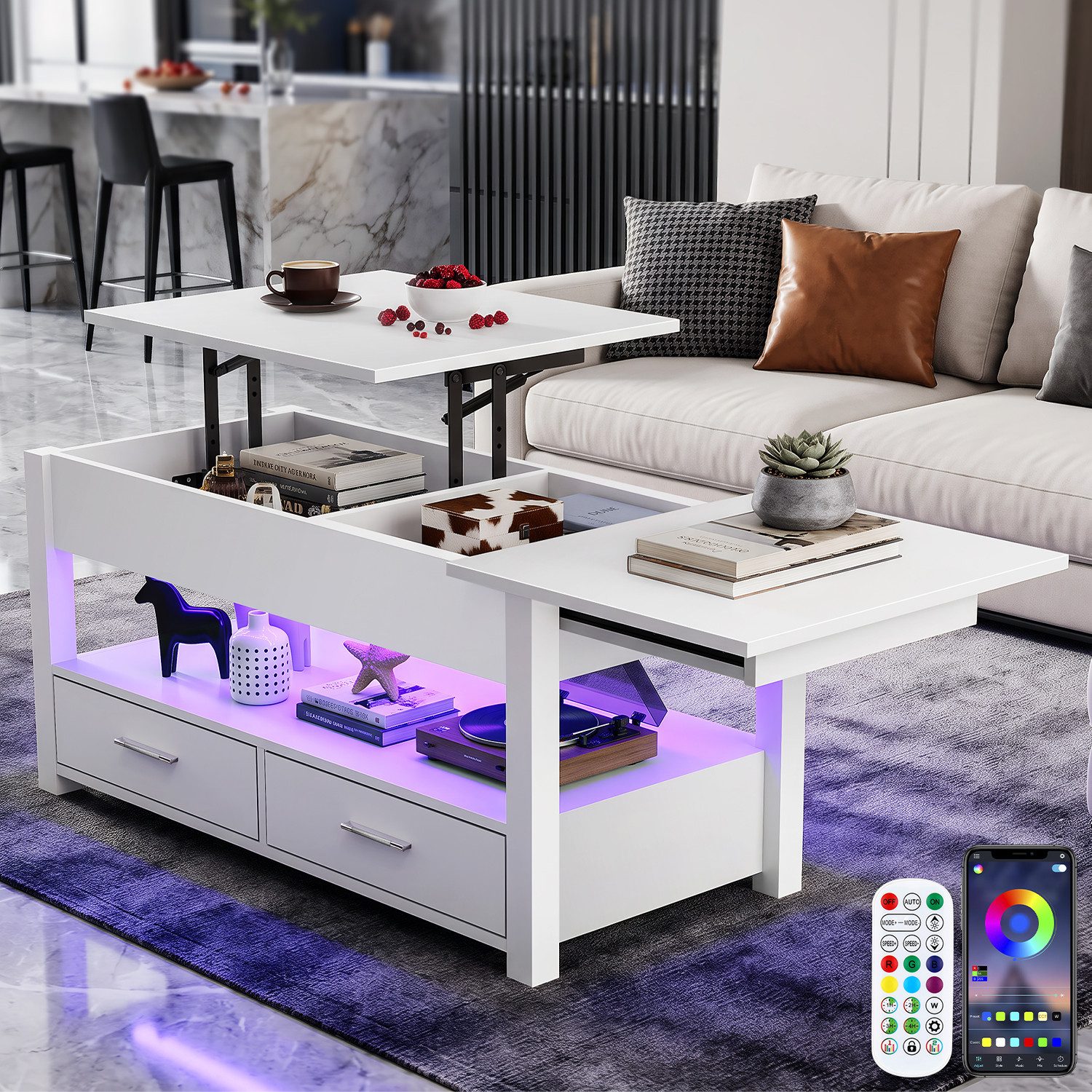oyajia Couchtisch Wohnzimmertisch mit LED Beleuchtung & Fernsteuerung Beistelltisch (Bluetooth-Fernbedienung,App-Steuerung,100 x 50 x 46cm,mit 2 Schubladen,Farbwechsel-LEDs, offenen Fächern,stabil, pflegeleicht), Teetisch mit ausziehbar Tisch & Stauraum