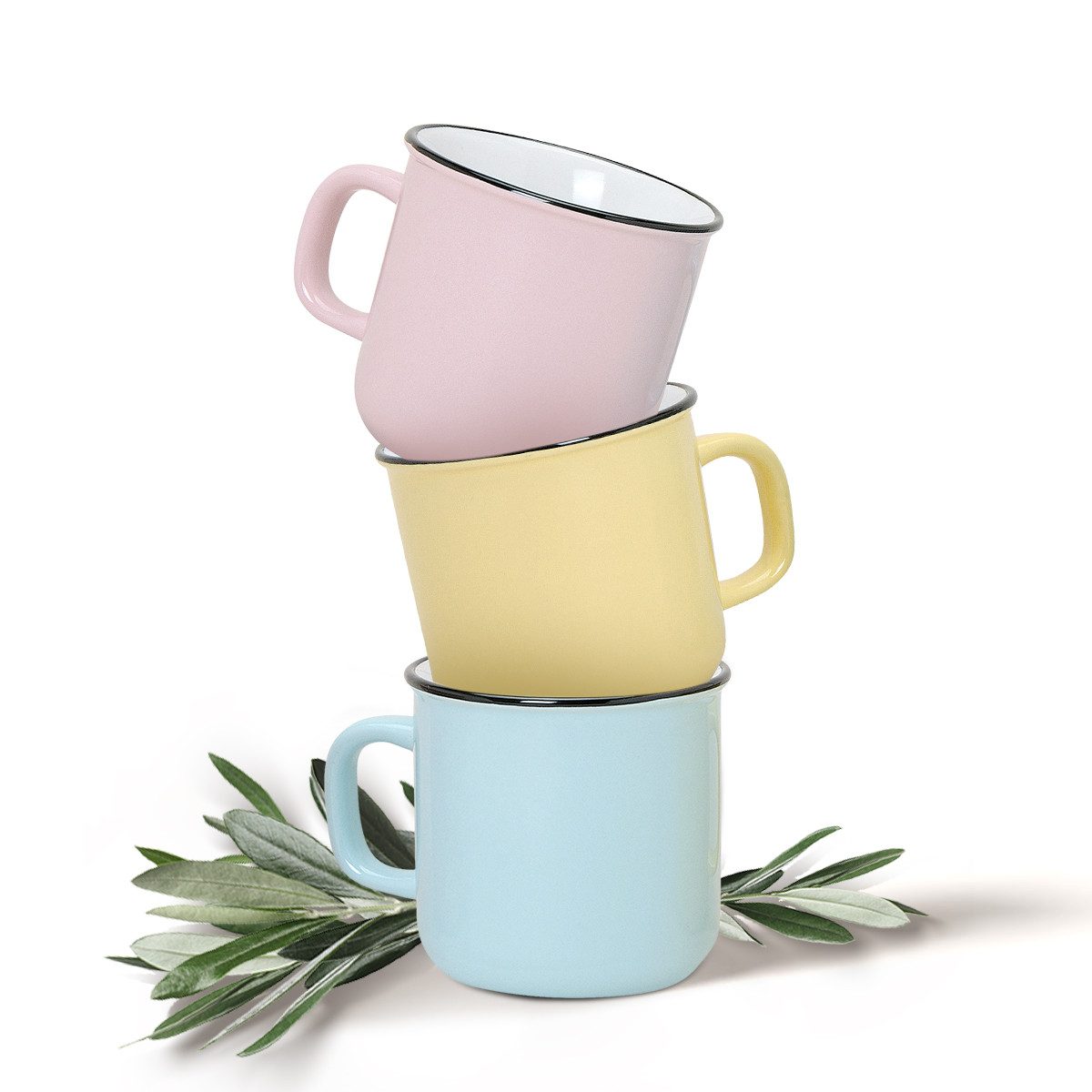 matches21 HOME & HOBBY Tasse Kaffeebecher 36er Set Emaille-Optik einfarbig Pastellfarben, 36-tlg., Keramik, Tee Kaffee-Becher modern Vintage rosa gelb blau 300 ml