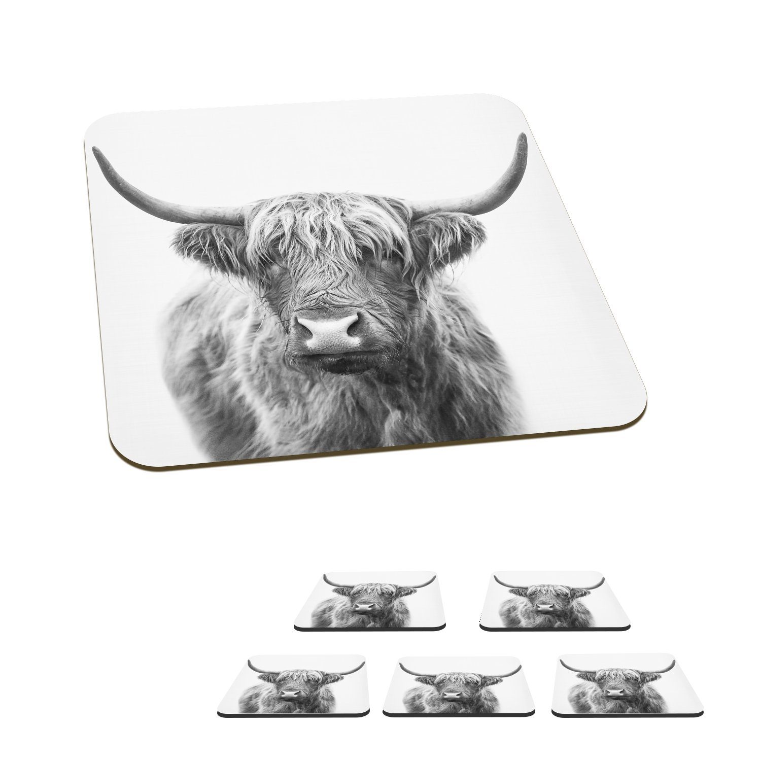 MuchoWow Glasuntersetzer Schottischer Highlander - Tiere - Hörner - Schwarz und weiß, Zubehör für Gläser, 6-tlg., Glasuntersetzer, Tischuntersetzer, Korkuntersetzer, Untersetzer, Tasse