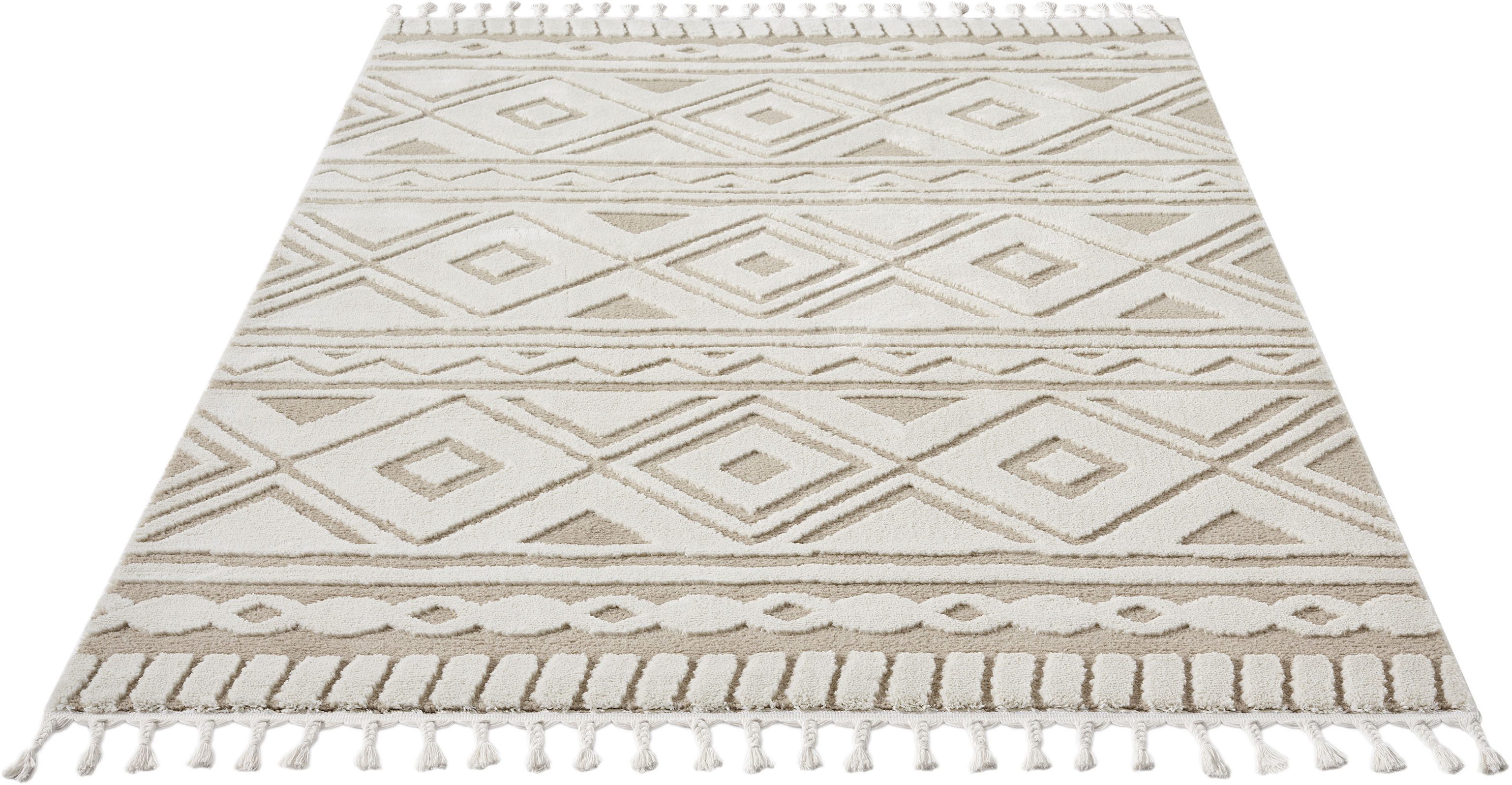 OTTO home Teppich Bonvo, rechteckig, Höhe: 19 mm, mit Fransen, Hoch-Tief-Struktur, Wohnzimmer, Schlafzimmer, Boho-Style