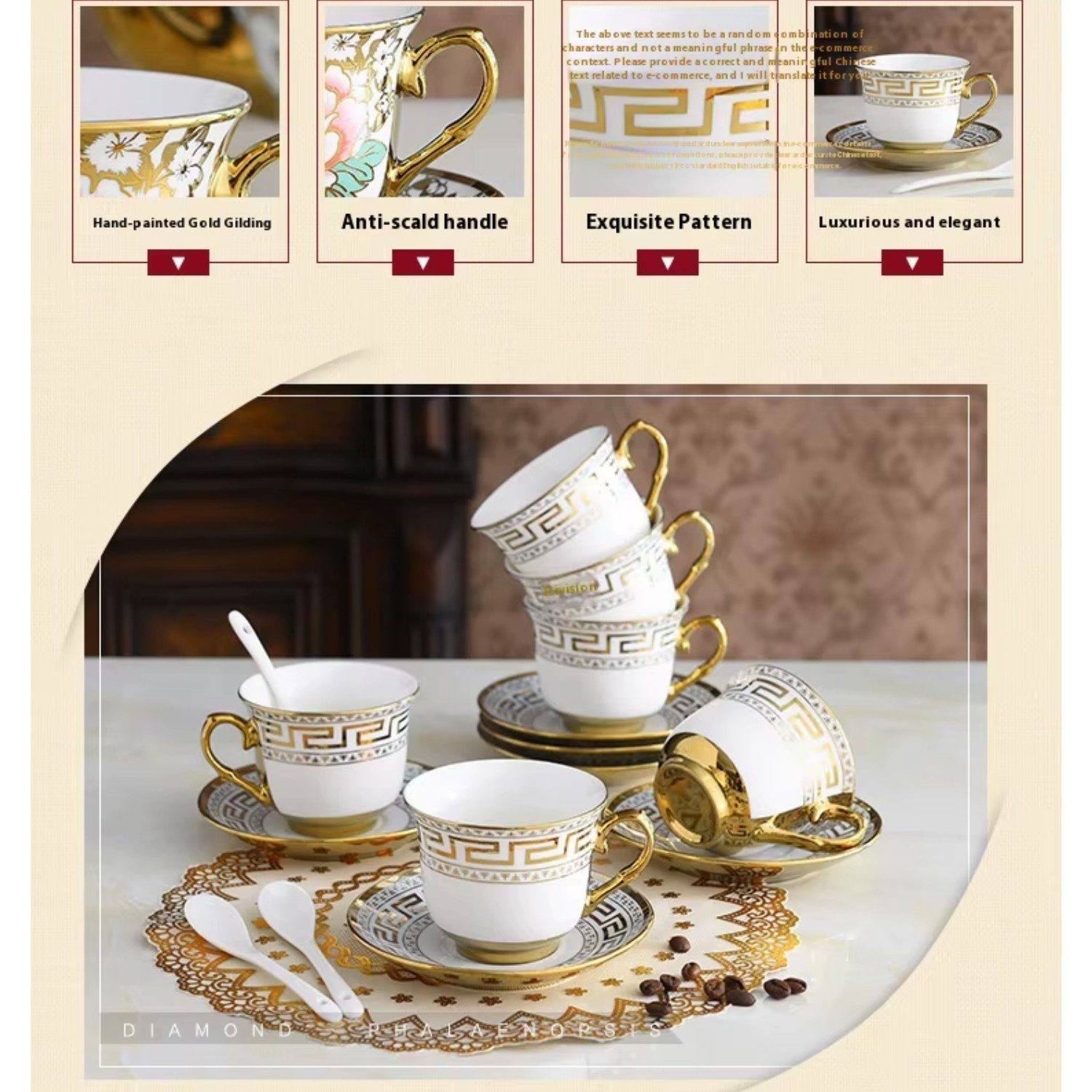 Quality Elegance Tasse Luxus Bone-China Coffee Cup Set – 6 Kaffeetassen mit Golddekor, Bone China