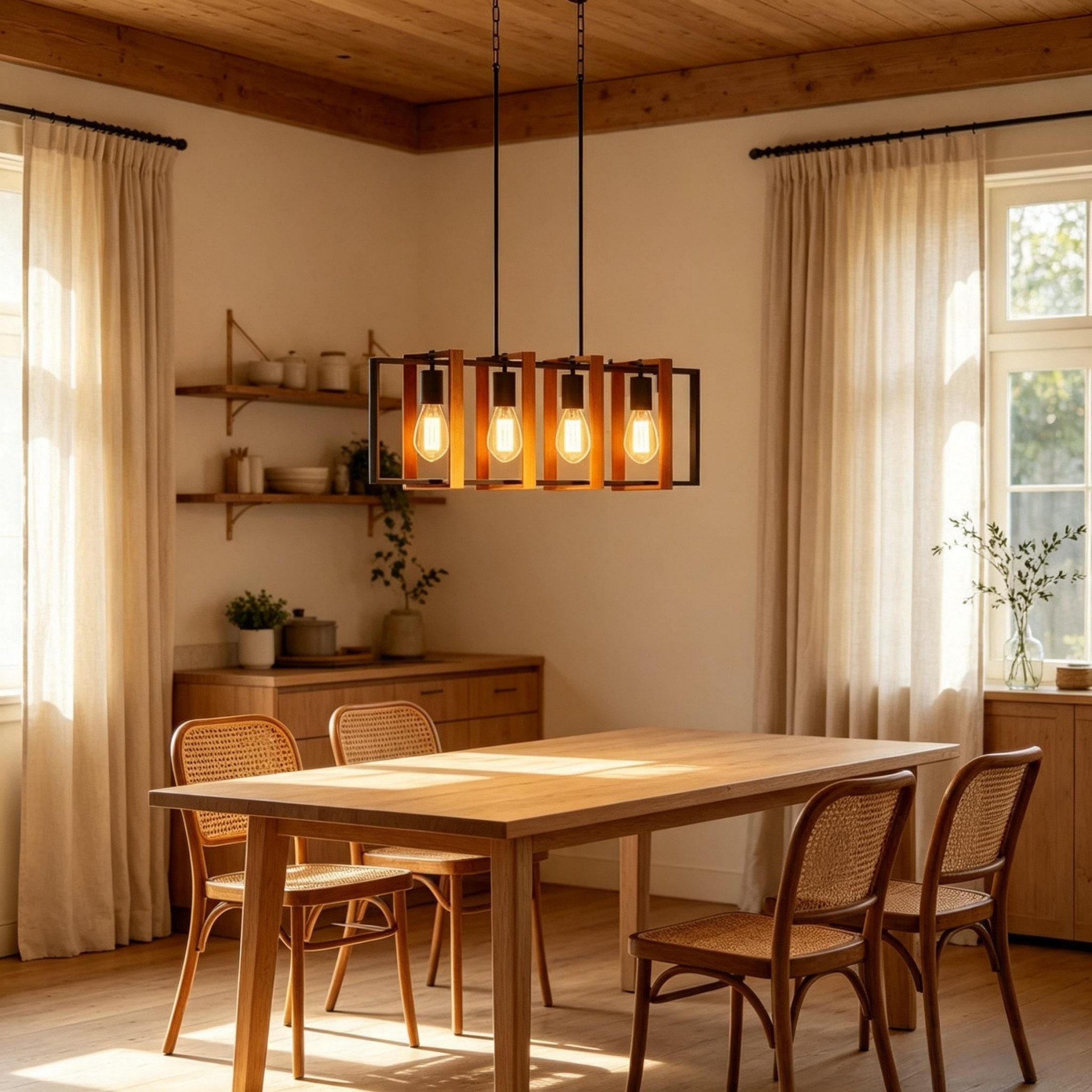 Blossom Pendelleuchte 4-flammig mit schwenkbaren Holzrahmen, höhenverstellbar 90–130 cm, LED Pendelleuchte E27, Stahl-Holz, Deckenleuchte für Esszimmer Küche