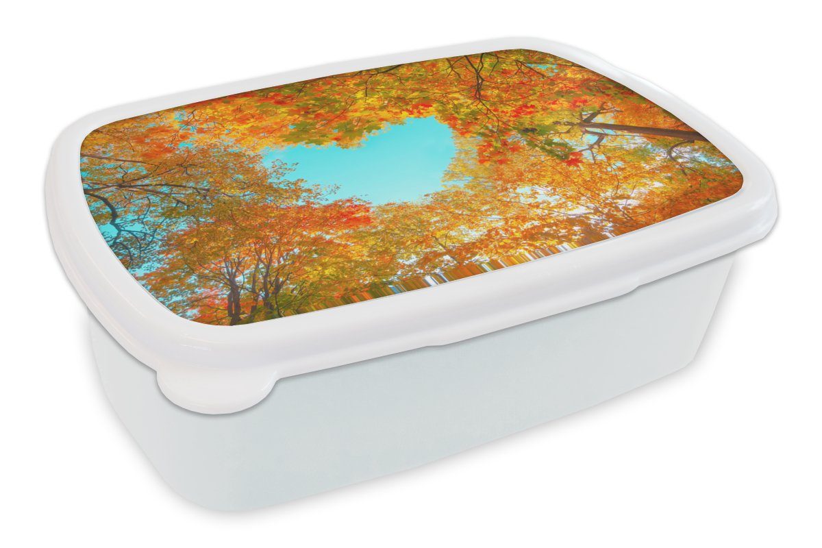 MuchoWow Lunchbox Bäume - Herbst - Herz - Natur - Orange - Herz, Kunststoff, (2-tlg), Brotbox für Kinder und Erwachsene, Brotdose, für Jungs und Mädchen weiß