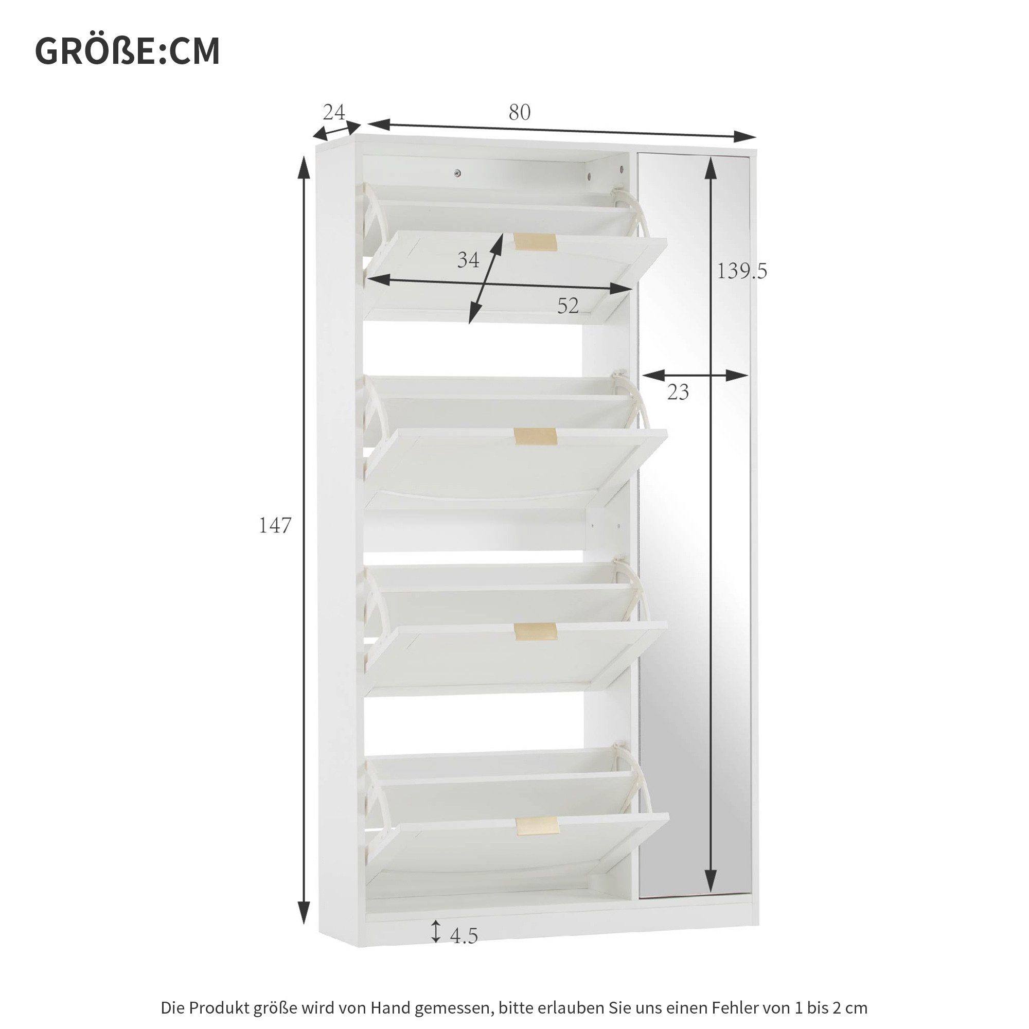 Flieks Schuhschrank mit Spiegel (1-St., B80/H147/T24 cm) Schuhkommode mit 4 Klappen Schuhregal Schuhkipper weiß – Bild 5 von 5