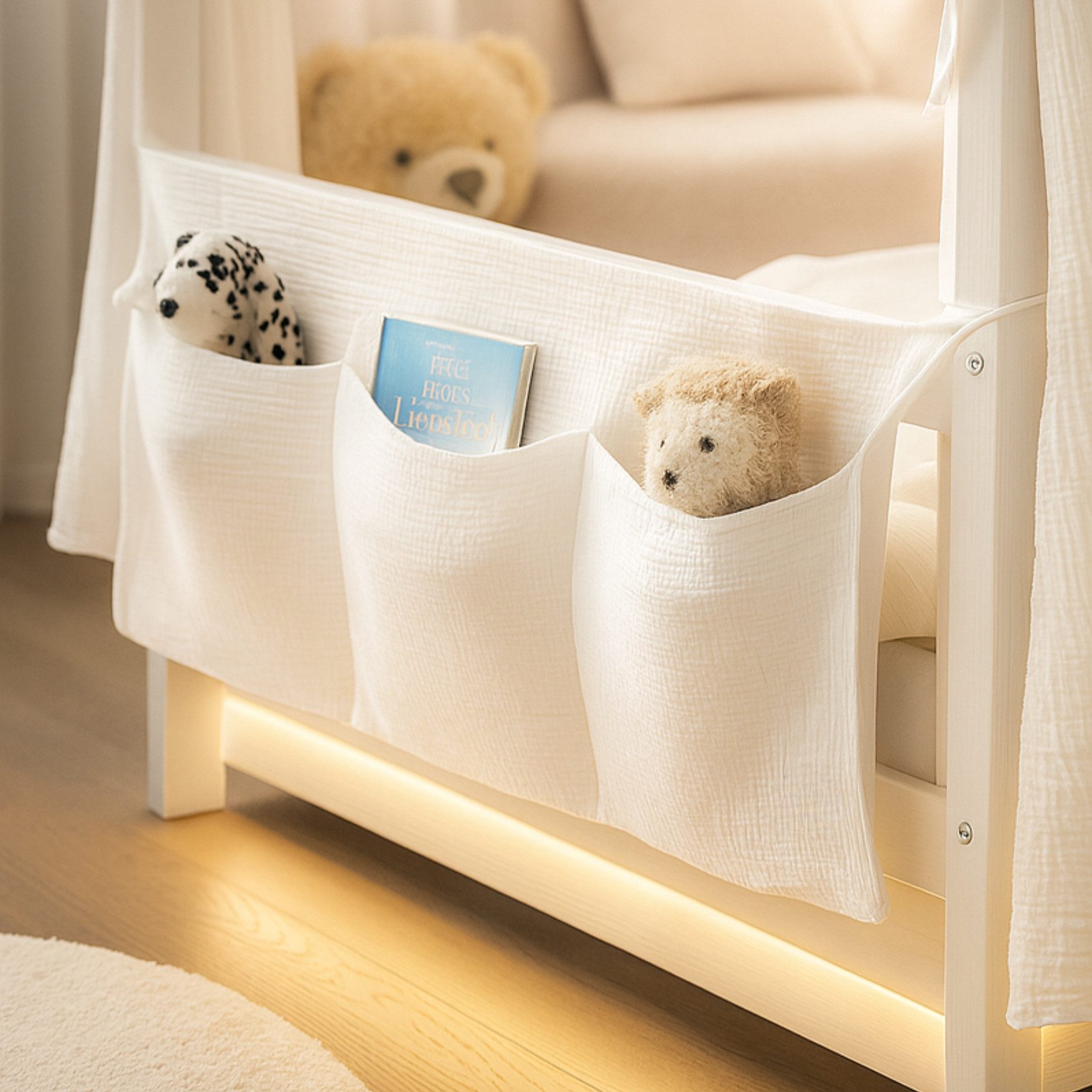 Alavya Home® Betttasche aus Musselin 90x38 cm - Praktischer Organizer (Spielzeug, Bücher, Schnuller, Babyflasche, Wasserflasche, Wechselkleidung & Windeln, Aufhängbare Tasche für Spielzeug, Bücher, Schnuller, Babyflaschen), - Hält alles ordentlich und griffbereit