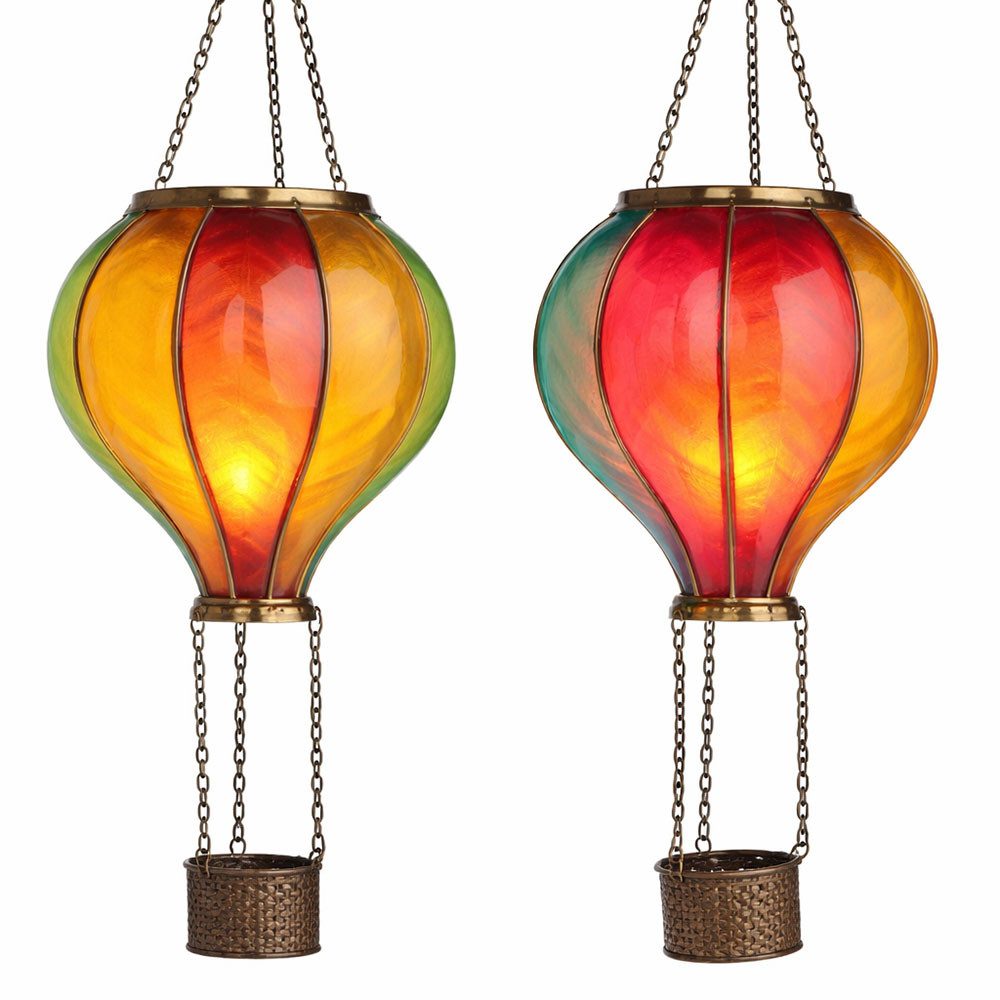 Expo Börse LED Solarleuchte, LED-Leuchtmittel fest verbaut, Warmweiß, LED Solar Außen Hängelampe Heißluftballon Gartenleuchte bunt 2er Set