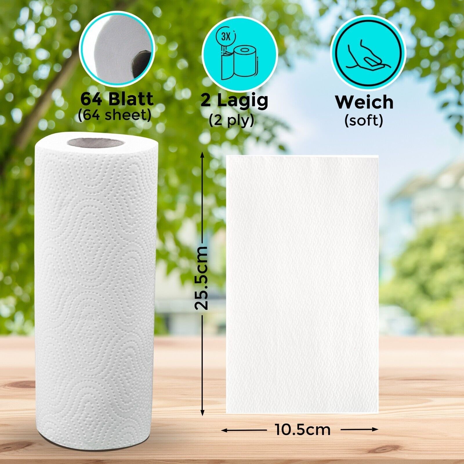 Defactoshop Papierküchenrolle 32 oder 64 Rollen Küchenrollen Küchenkrepp 2 lagig weiß 64 Blat (32-St)