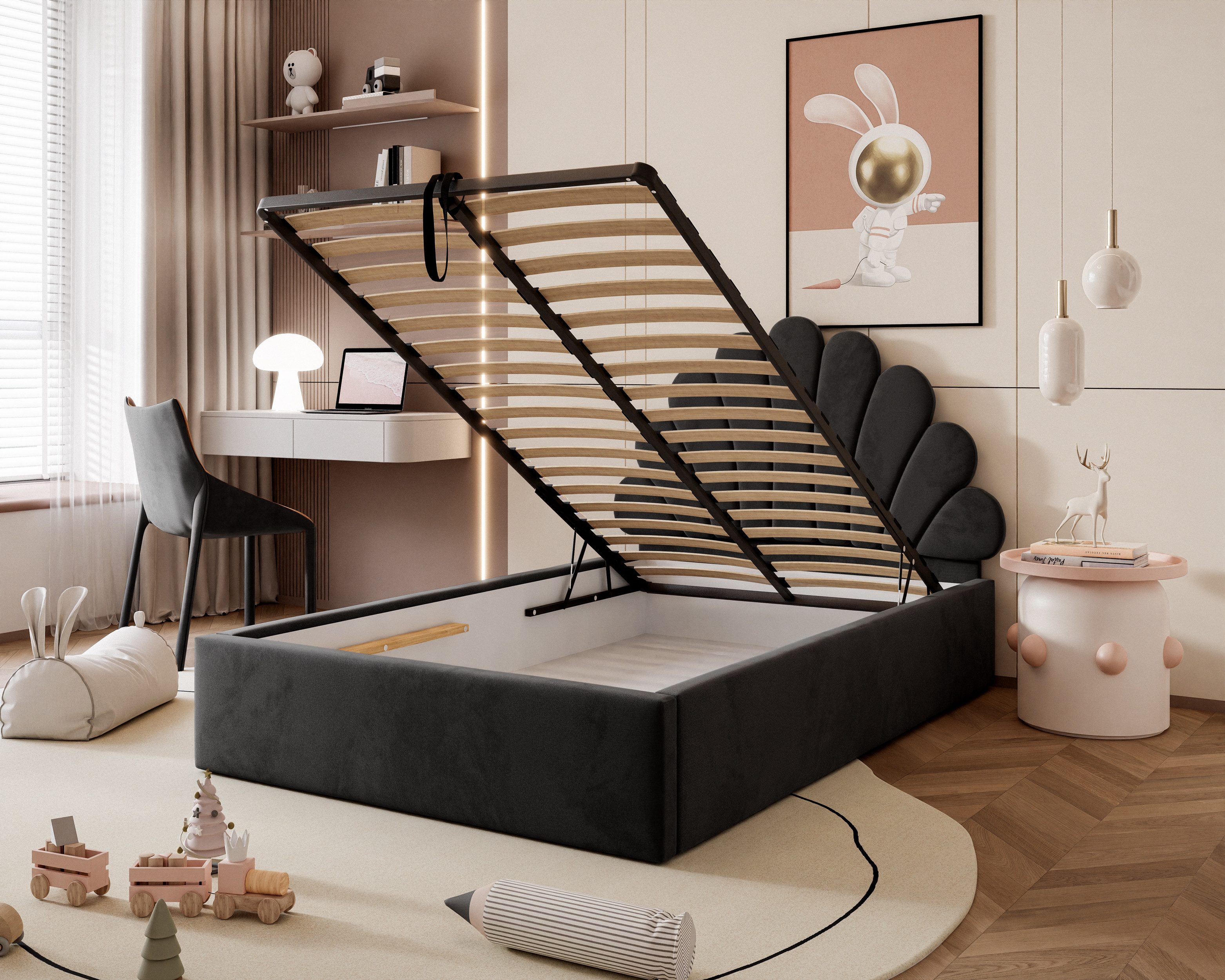 Lookway Polsterbett ASHLEY mit Muschel-Kopfteil und Bettkasten (Bett mit Metallgestell), 4 Größen und Farben