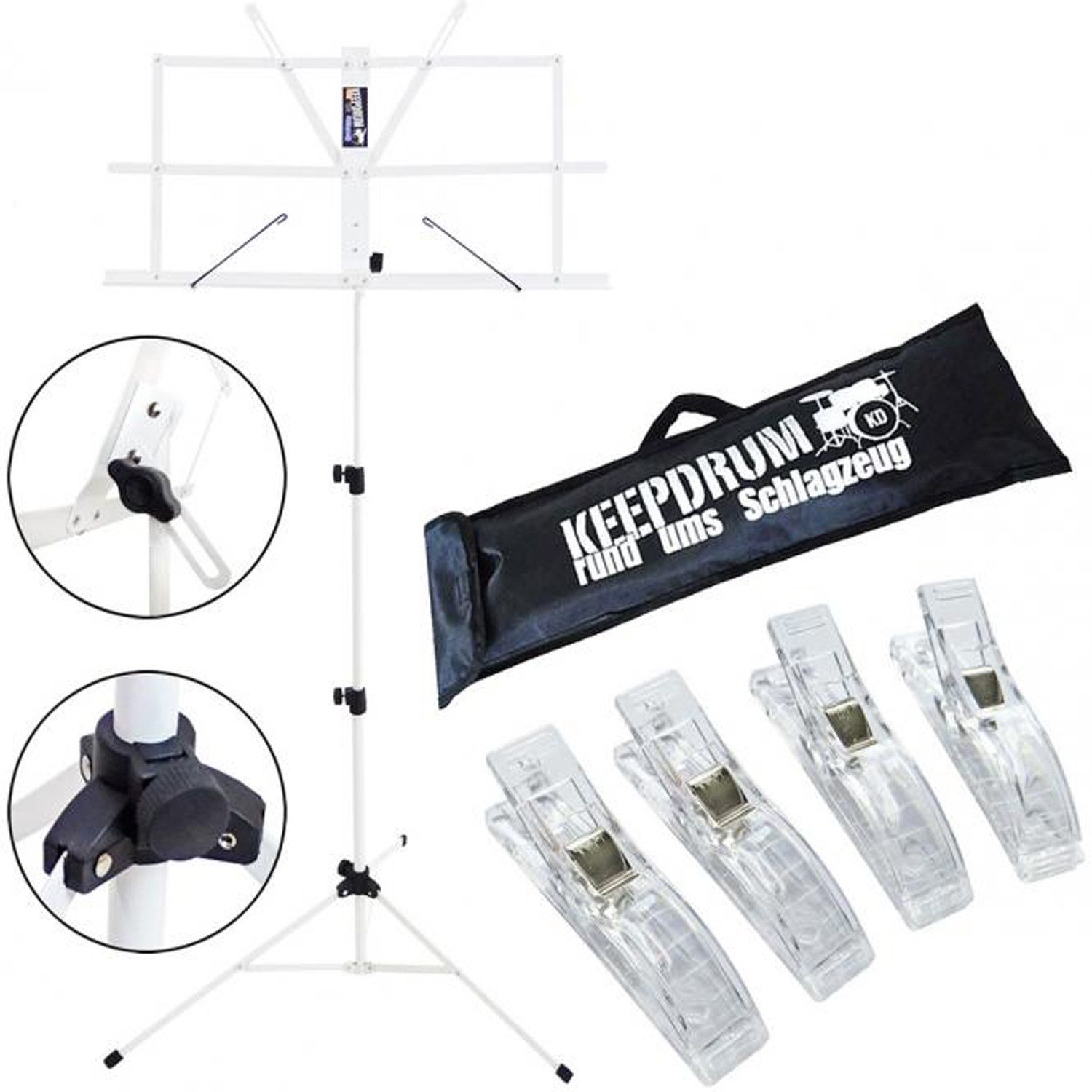 keepdrum Notenpult keepdrum MUS2WH Notenpult Weiss mit 4 Notenklammern, Vorteils-Set