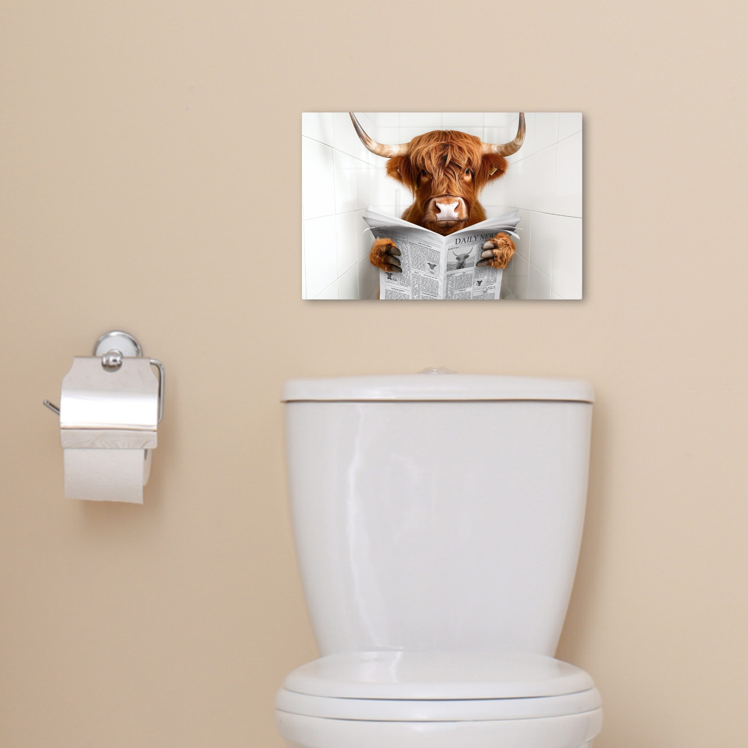 OneMillionCanvasses® Leinwandbild Hochlandbewohner - Tier - Zeitung - Toilette, Fotodruck (1 St), Bilder für Badezimmer, Bad und Toiletten Deko, Bild WC 30x20 c – Bild 5 von 5