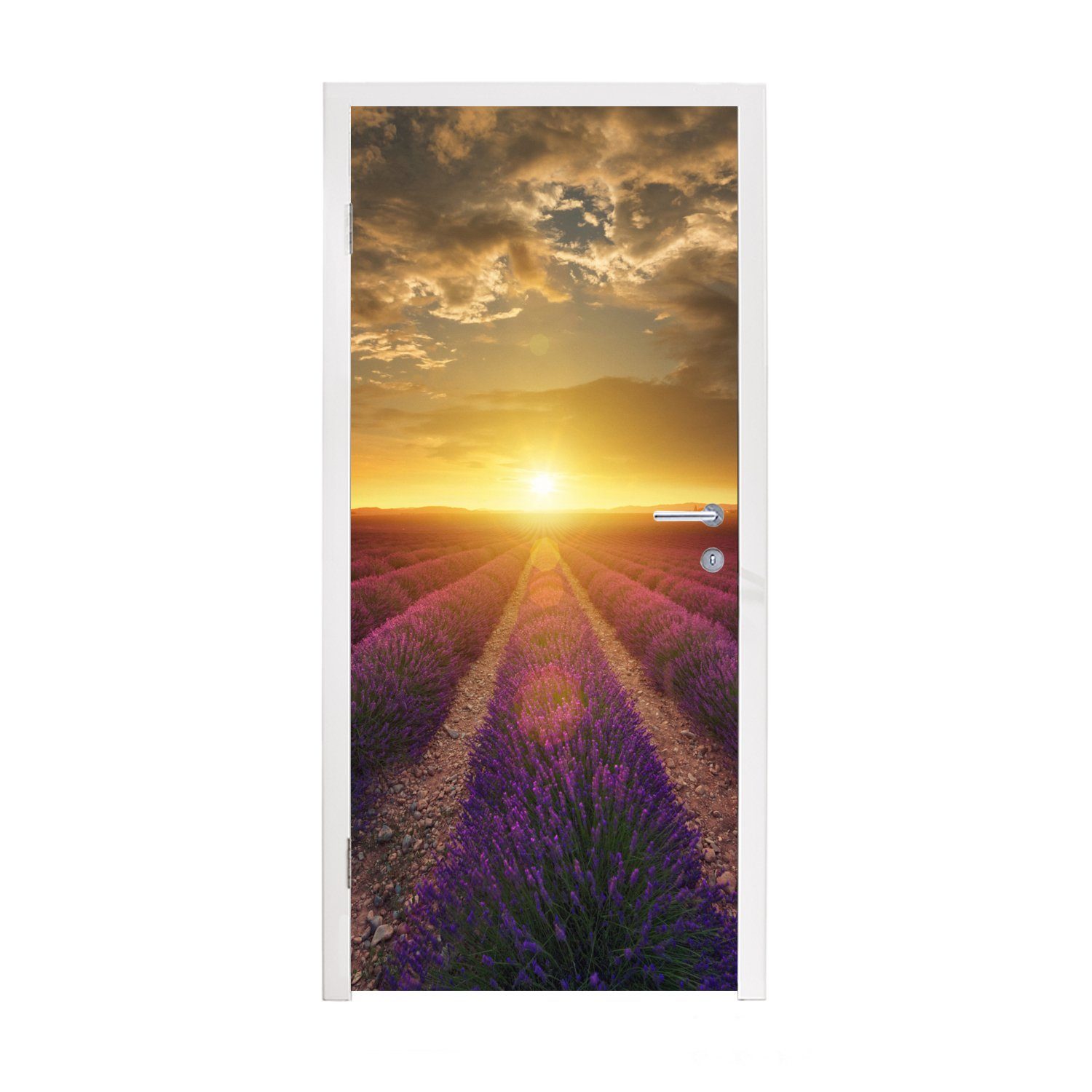 MuchoWow Türtapete Sonnenuntergang - Lavendel - Frankreich, Matt, bedruckt, (1 St), Fototapete für Tür, Türaufkleber, 75x205 cm