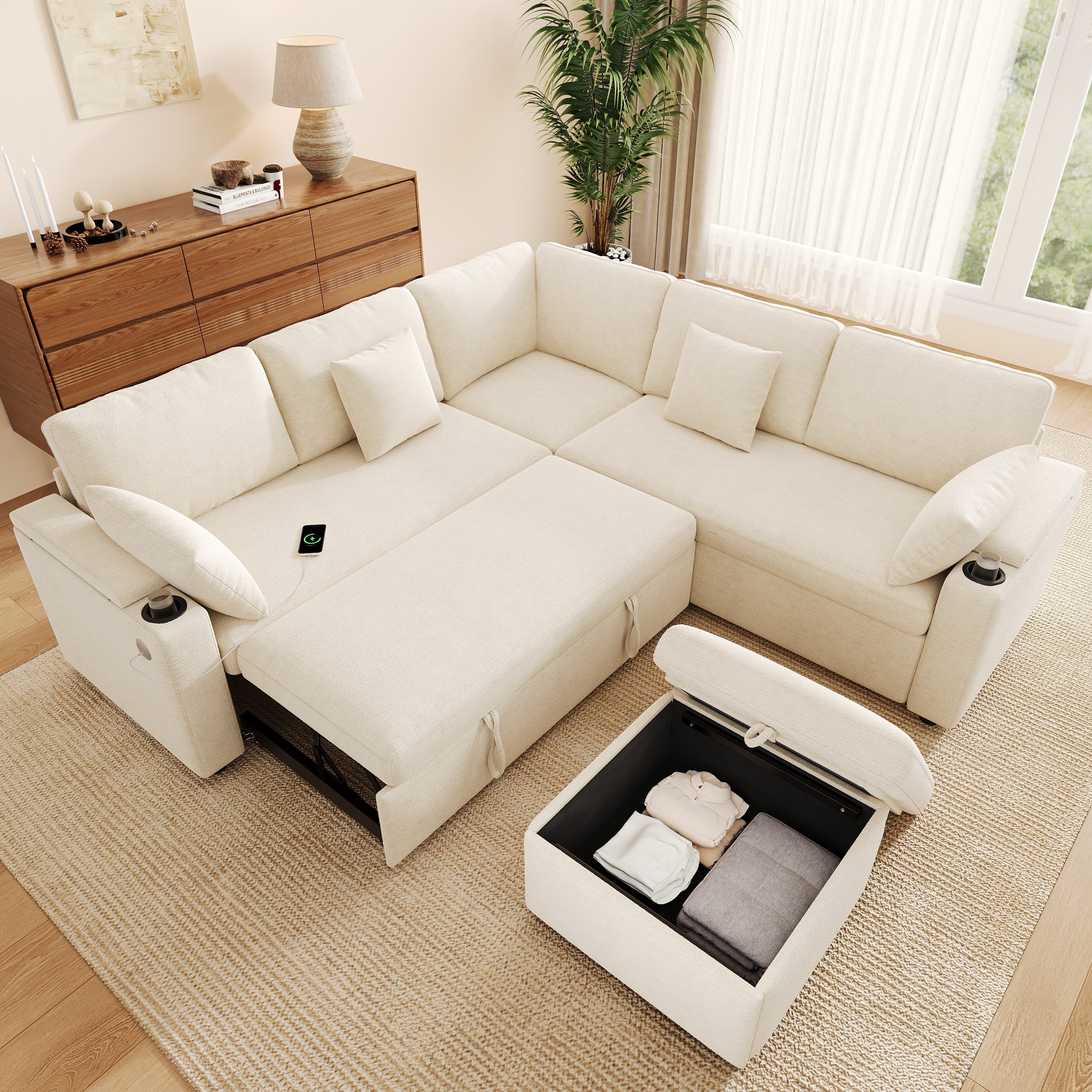 i@home Ecksofa L-förmiges Ecksofa mit Schlaffunktion, Schlafsofa, Ladeanschluss, Getränkehalter, Chenille, Beige