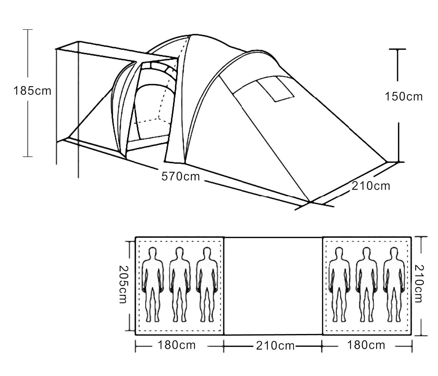 MCW Kuppelzelt bis 2 Personen zu grün 6 Einhängen, Schlafkabinen für 6, Dachbelüftung, Laagri-6, Personen: zum