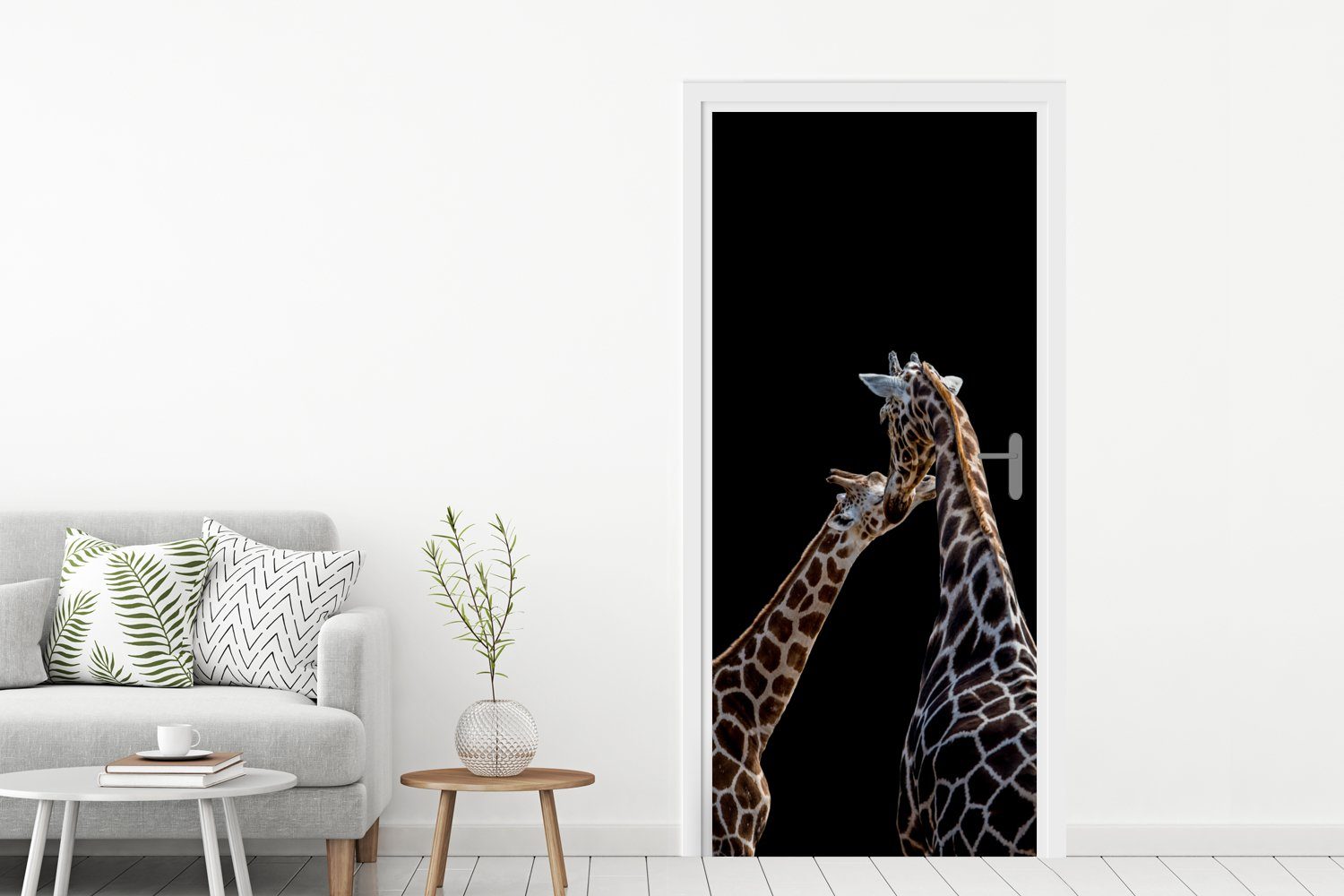 cm Tür, MuchoWow Türaufkleber, Matt, und Baby (1 Fototapete St), Giraffe 75x205 Hintergrund, Türtapete vor für bedruckt, Mutter schwarzem