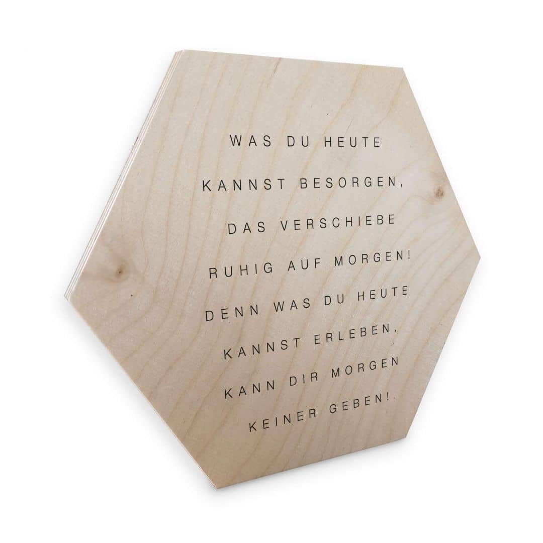 K&L Wall Art Holzbild Hexagon Holzdeko Heute erleben Vintage Zitat Landhaus Holzposter Deko, Wandbild Birke-Furnier naturbelassen, Holz Wandbild fürs Wohnzimmer Boho Holzschild inkl. Wandhalterung