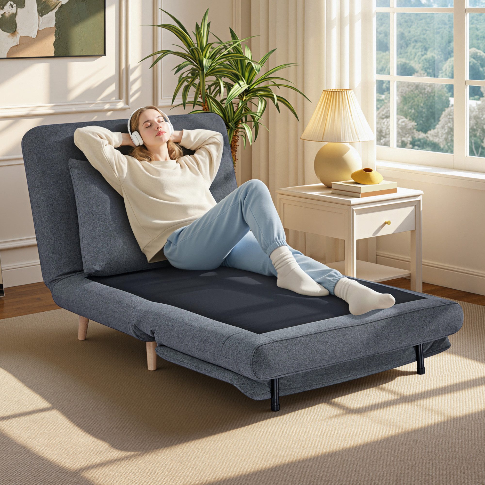 HOMCOM Sessel Schlafsofa Extra Breit 3-in-1 Klappbar, Leinenoptik Chaiselongue (Relaxsessel, 1-St., Klappsessel), für Wohnzimmer, Schlafzimmer, Grau