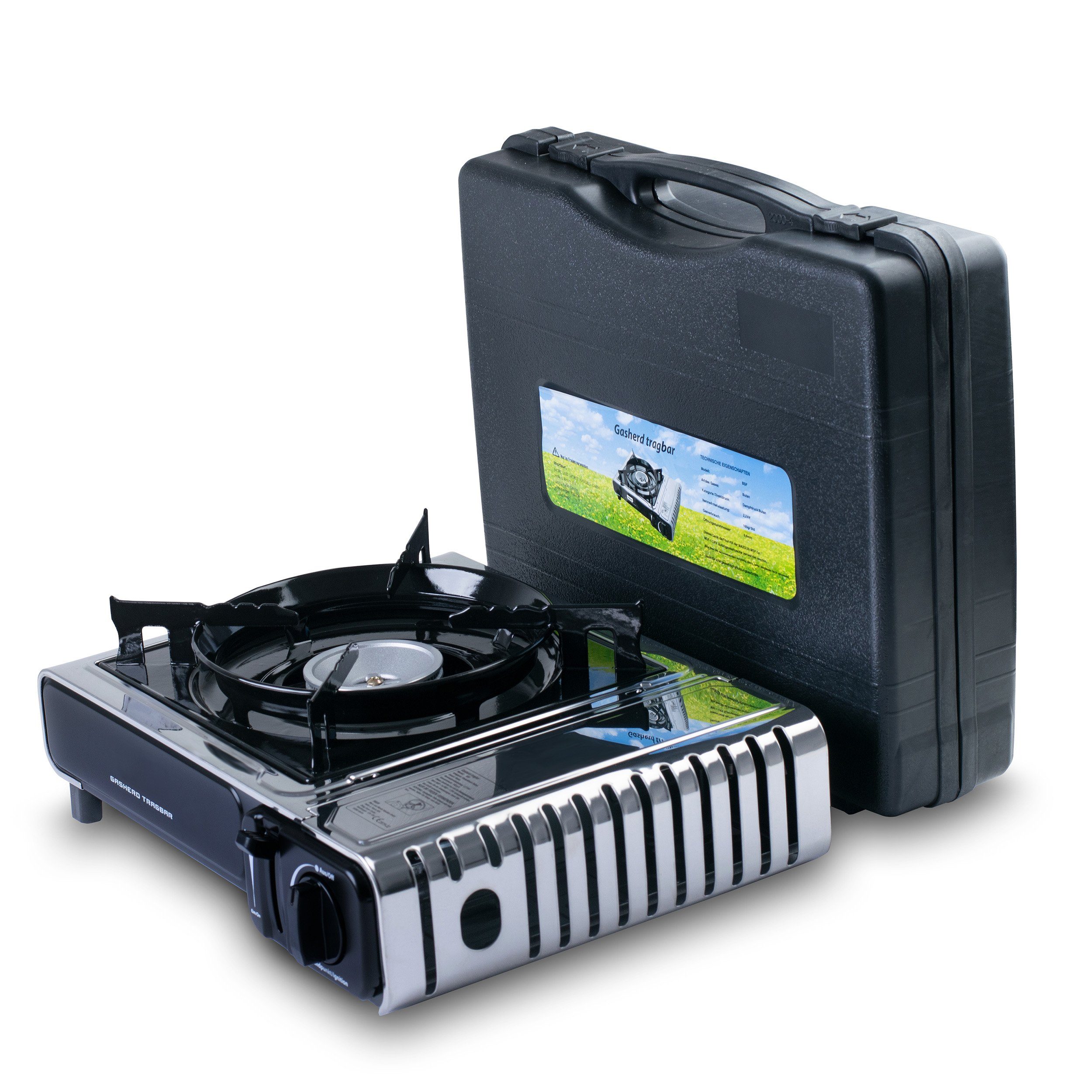 Sparsando Gaskocher Tragbarer Gaskocher + 16x Gaskartuschen für Camping, Outdoor, Reisen, (1x Gaskocher mit 16x Gaskartuschen, 17-St), Abnehmbare Topfhalterung, Windschutz, Temperaturregler