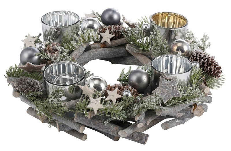 Home affaire Adventskranz Weihnachtsdeko aus Echtholz, mit Kunstschnee und Glitter, Kerzenhalter für 4 Teelichter, Ø 30 cm