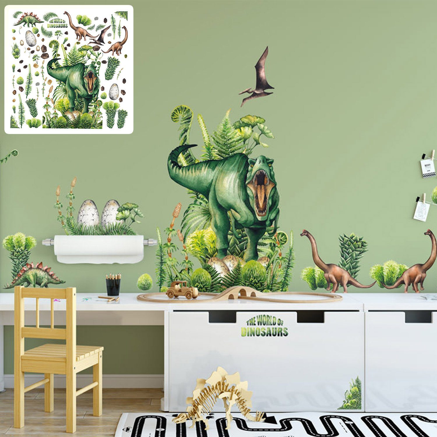 Sunnywall Wandtattoo XXL Wandtattoo Kinder Dinosaurier Set Kinderzimmer Aufkleber T-Rex (XXL Set), selbstklebend