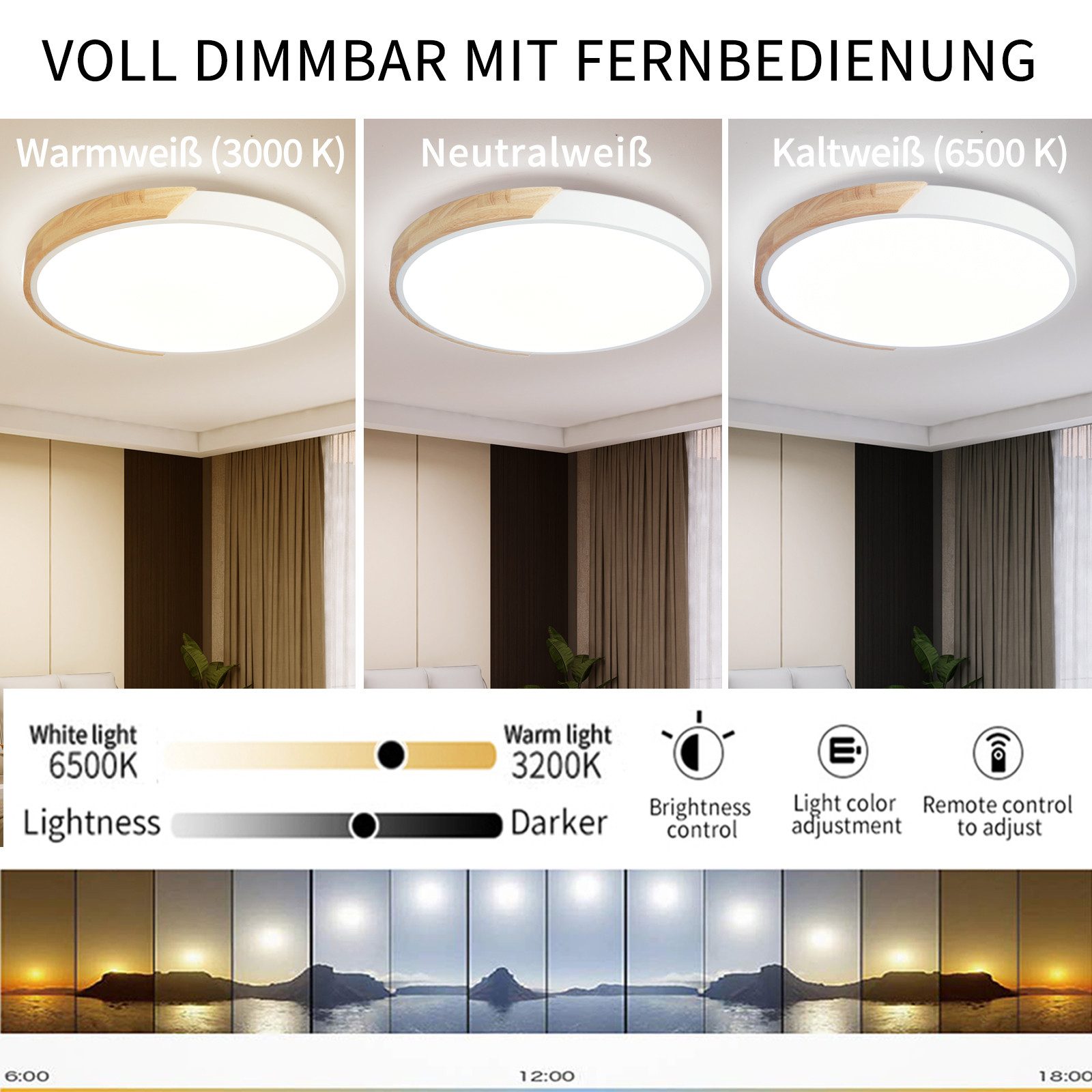 style home Deckenleuchte LED Deckenlampe, voll dimmbar mit Fernbedienung 3000-6000K, 36W, LED fest integriert, Runde Lampe für Wohnzimmer Schlafzimmer Büro, Ø40x4cm, Holz